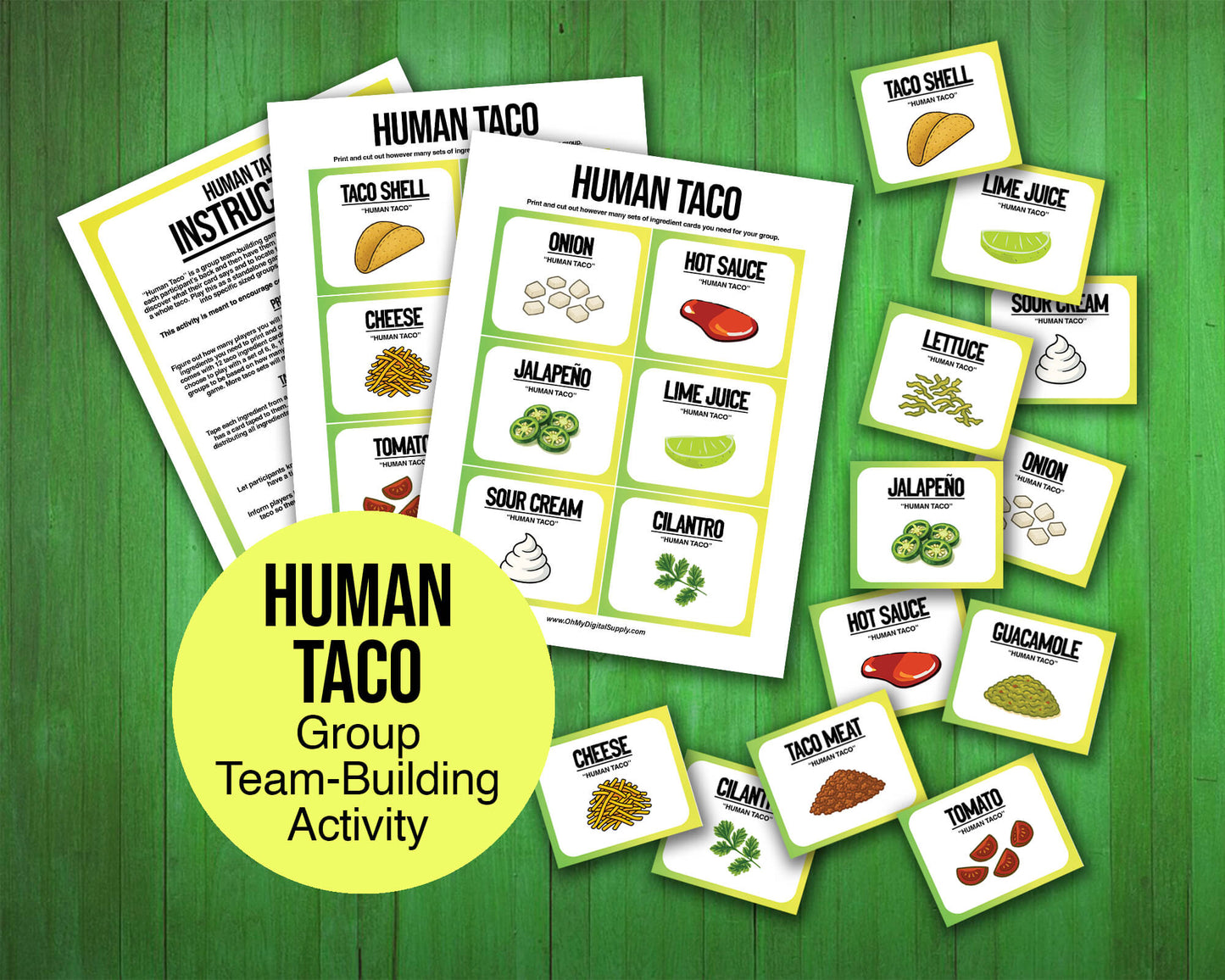 A printable team-building activity and group icebreaker game called Human Taco that includes an instructions sheet and taco ingredient cards that can be cut out. The printable sheets are downloadable PDF files.