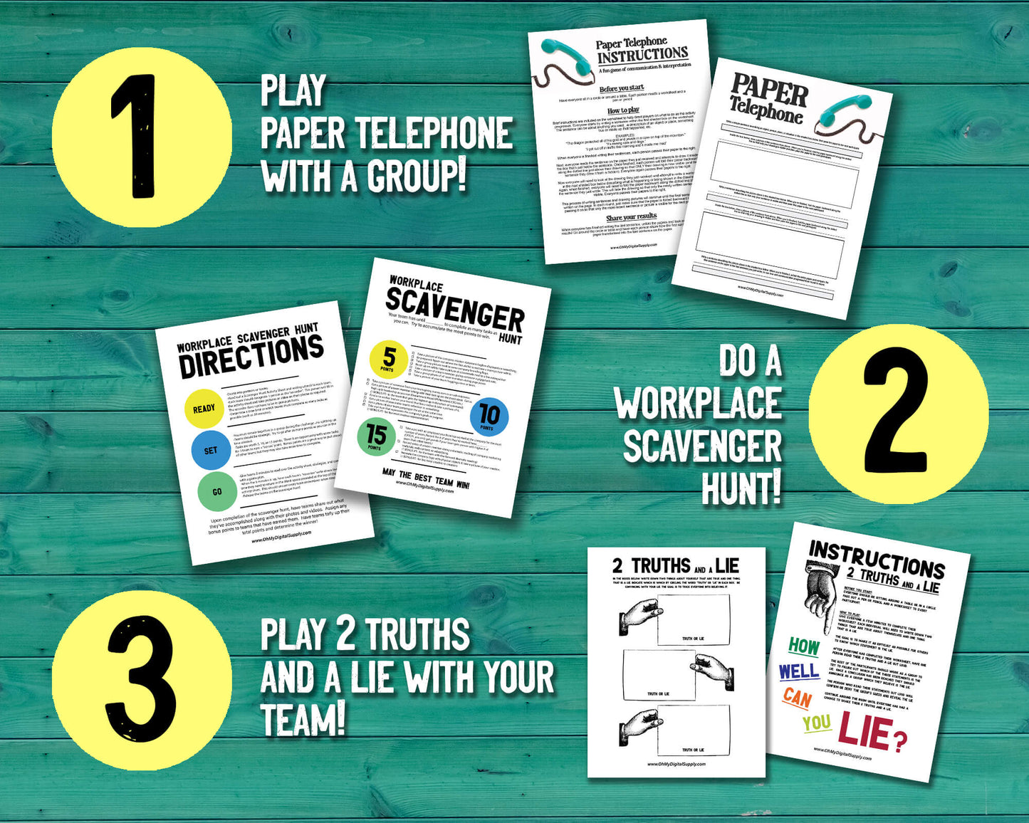 Team Building Bundle. Collage of 7 different team building activities including Wellness Bingo, Find Someone Who Bingo, Workplace Scavenger Hunt, 2 Truths and a Lie, Decision Quest: Fallout Shelter, Paper Telephone, and Bingo for the Workplace.