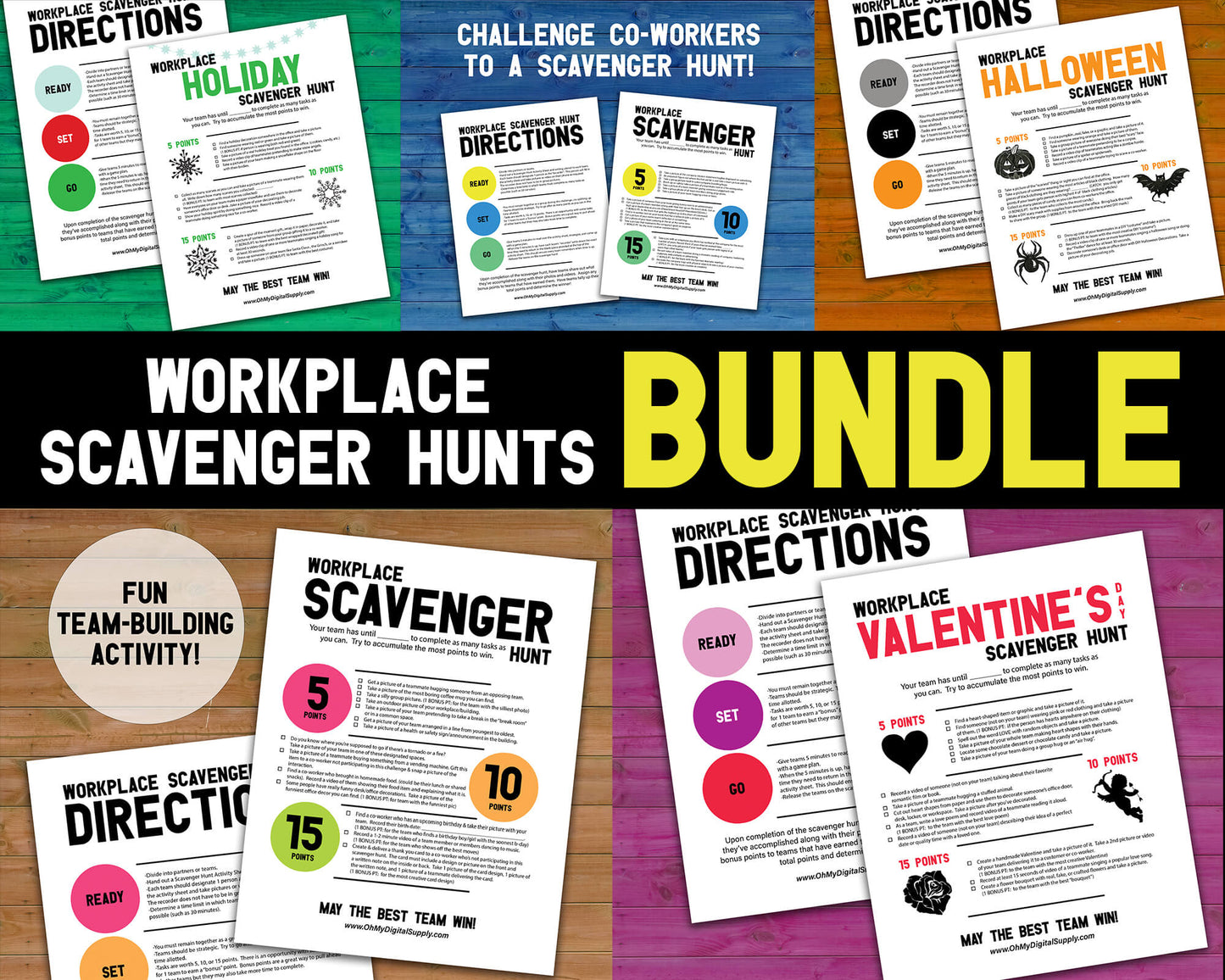 Workplace Scavenger Hunt Printables Bundle for Team Building, Icebreaker Staff Activities & Office Party Games