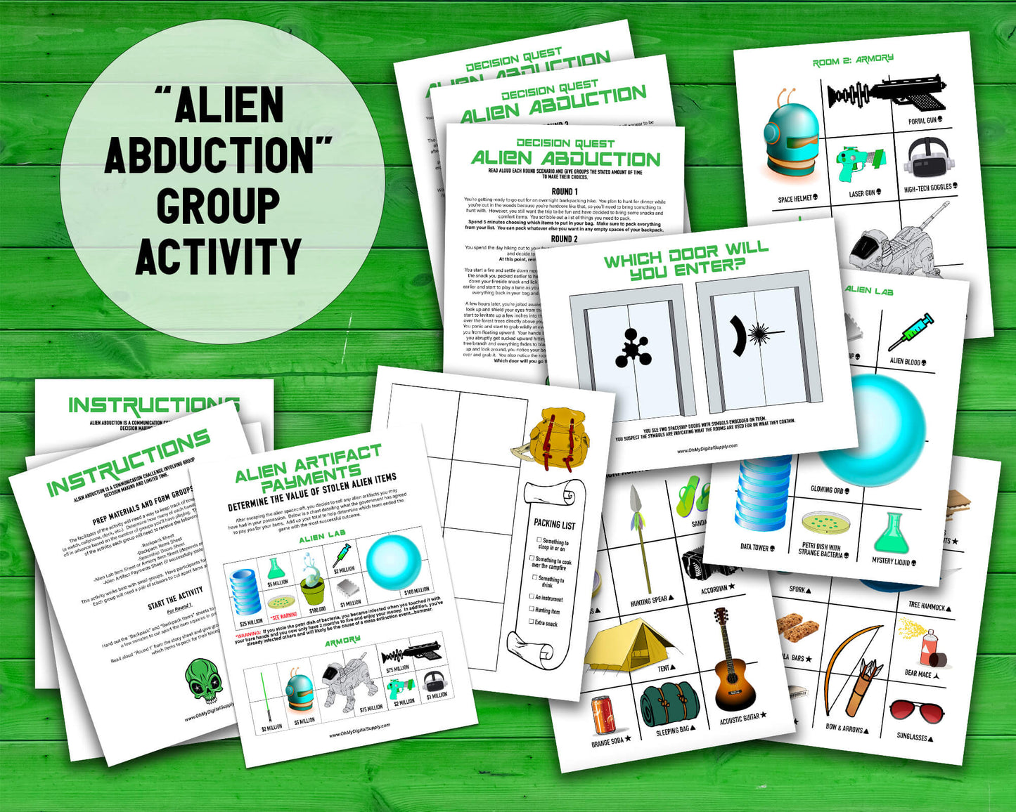 Mega Bundle of eight Decision Quest Activities for group team building. Activities in this bundle include: Zombie Apocalypse, Desert Island, Fallout Shelter, Space Mission, Alien Abduction, Covert Heist, Office Portal, and Grocery Gauntlet. Group decision making icebreaker games.