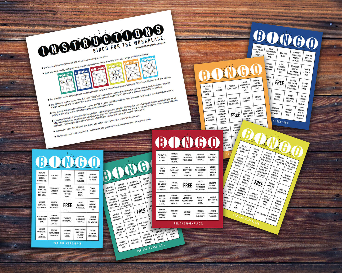 Team Building Bundle. Collage of 7 different team building activities including Wellness Bingo, Find Someone Who Bingo, Workplace Scavenger Hunt, 2 Truths and a Lie, Decision Quest: Fallout Shelter, Paper Telephone, and Bingo for the Workplace.