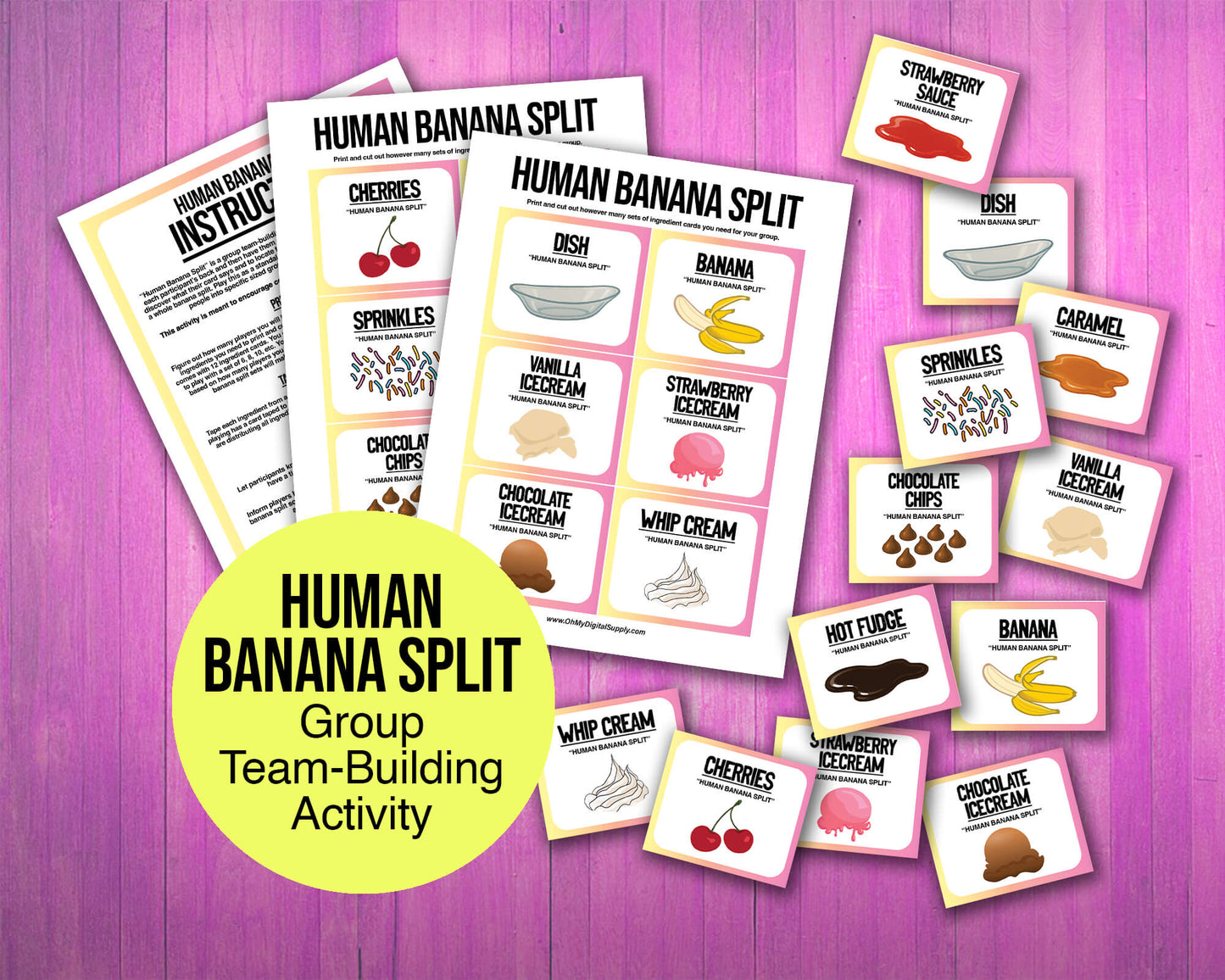 A printable team-building activity and group icebreaker game called Human Banana Split that includes an instructions sheet and banana split ingredient cards that can be cut out. The printable sheets are downloadable PDF files.