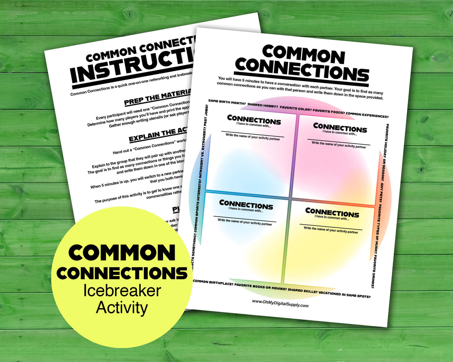 Common Connections one-on-one icebreaker activity and team-building game printable worksheet and instructions.