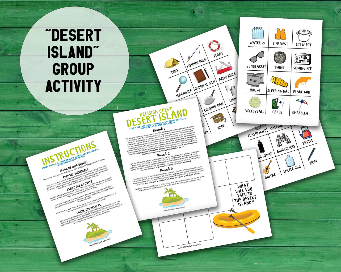 Mega Bundle of eight Decision Quest Activities for group team building. Activities in this bundle include: Zombie Apocalypse, Desert Island, Fallout Shelter, Space Mission, Alien Abduction, Covert Heist, Office Portal, and Grocery Gauntlet. Group decision making icebreaker games.