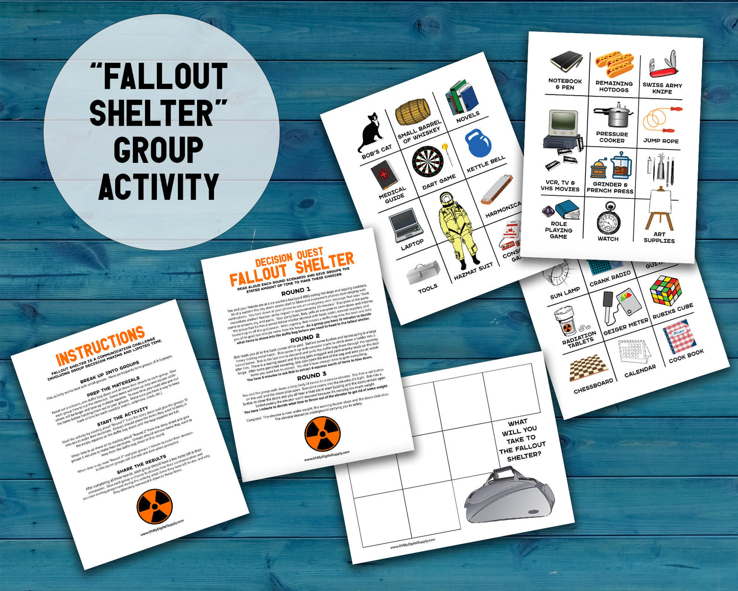 Mega Bundle of eight Decision Quest Activities for group team building. Activities in this bundle include: Zombie Apocalypse, Desert Island, Fallout Shelter, Space Mission, Alien Abduction, Covert Heist, Office Portal, and Grocery Gauntlet. Group decision making icebreaker games.