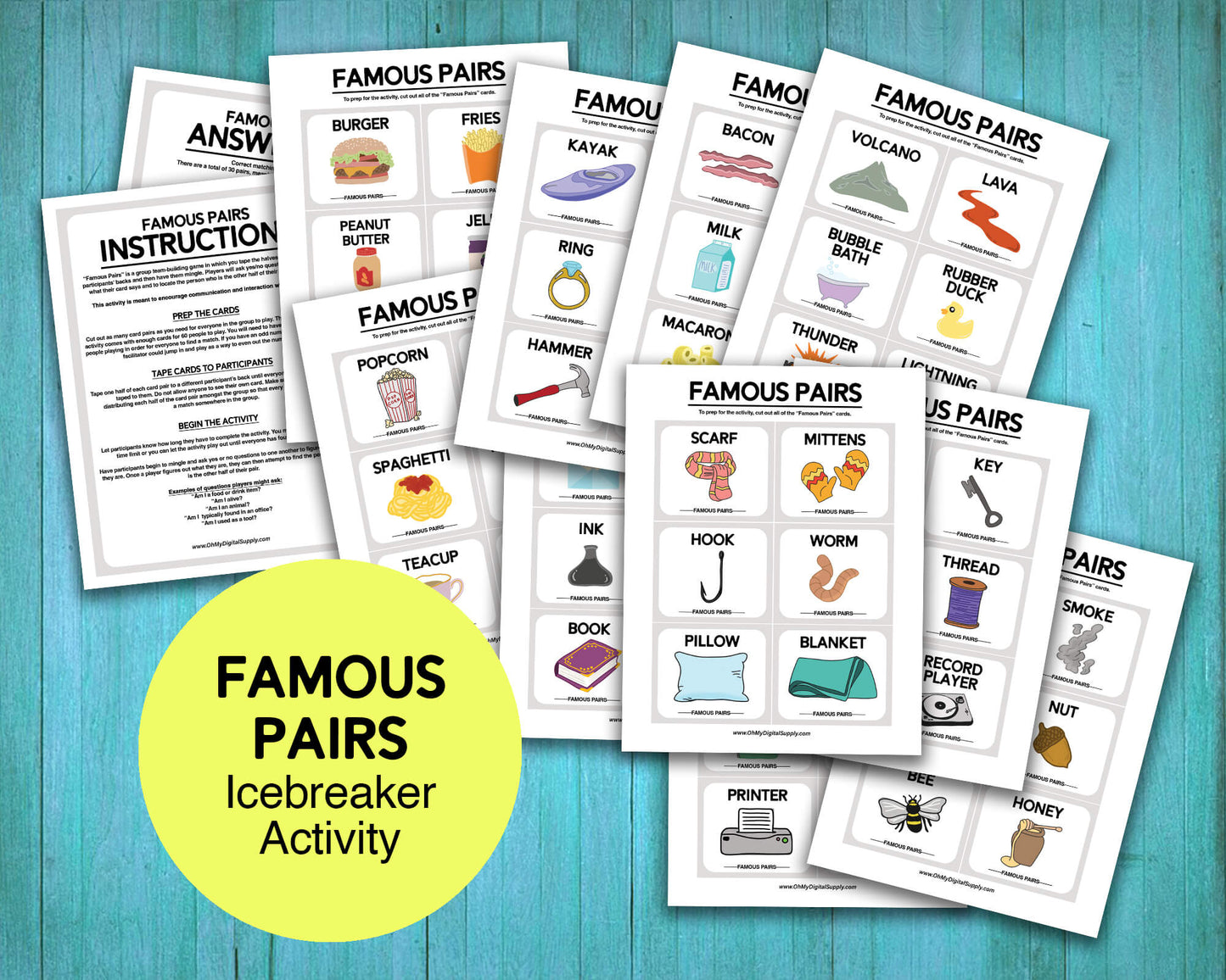 Team Building Bundle. Collage of 7 different team building activities including Wellness Bingo, Find Someone Who Bingo, Workplace Scavenger Hunt, 2 Truths and a Lie, Decision Quest: Fallout Shelter, Paper Telephone, and Bingo for the Workplace.