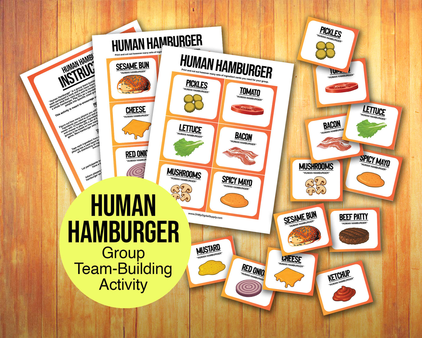 A printable team-building activity and group icebreaker game called Human Hamburger that includes an instructions sheet and hamburger ingredient cards that can be cut out. The printable sheets are downloadable PDF files.