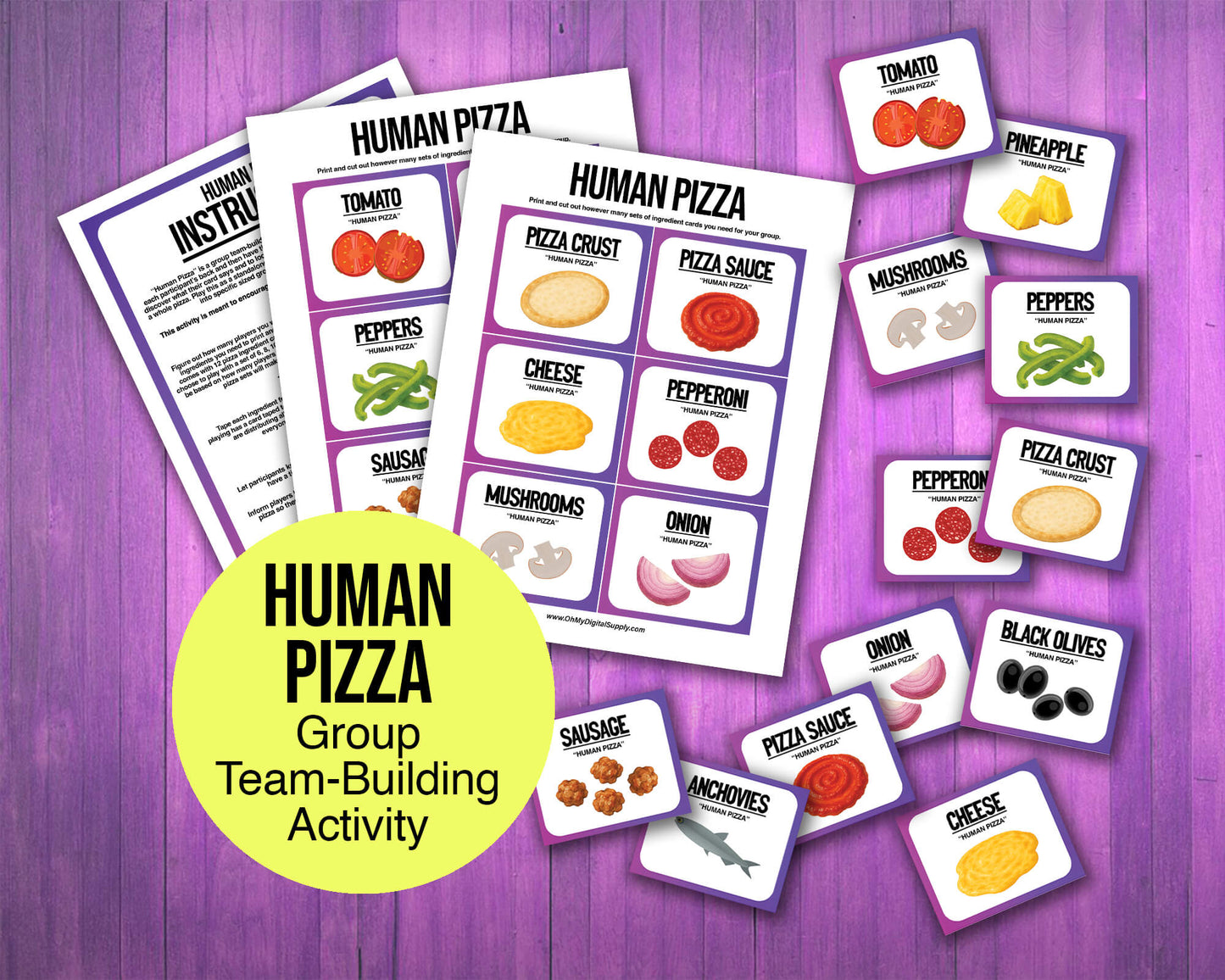 A printable team-building activity and group icebreaker game called Human Pizza that includes an instructions sheet and pizza ingredient cards that can be cut out. The printable sheets are downloadable PDF files.