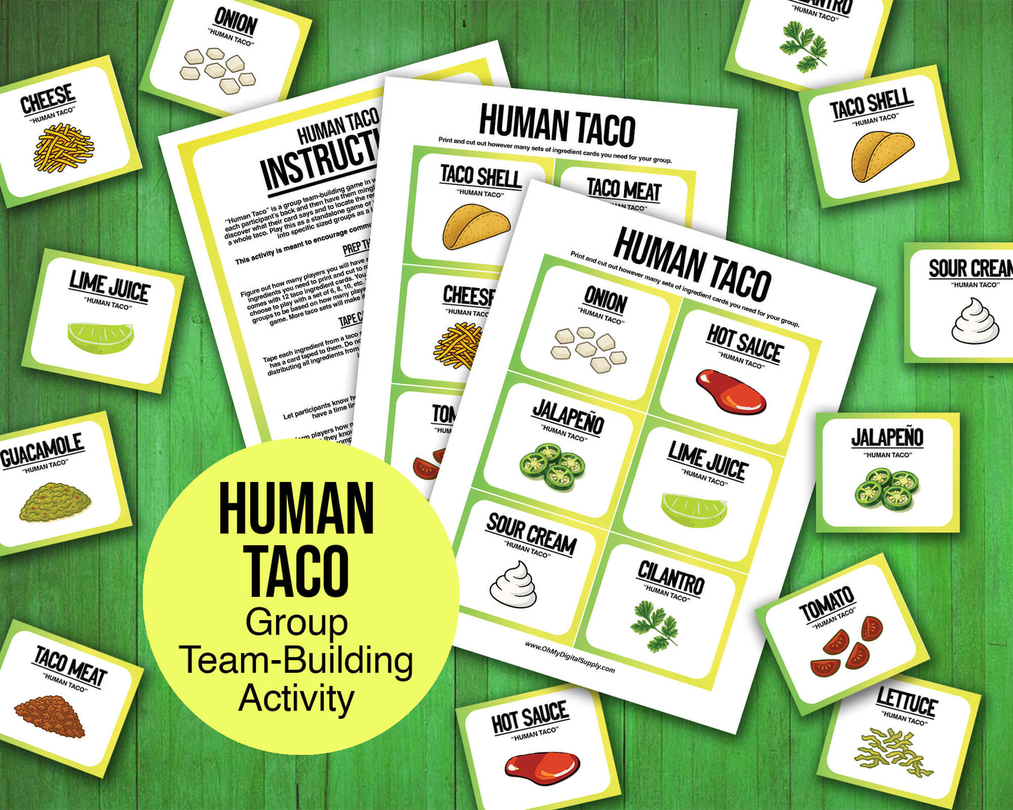 A printable team-building activity and group icebreaker game called Human Taco that includes an instructions sheet and taco ingredient cards that can be cut out. The printable sheets are downloadable PDF files.