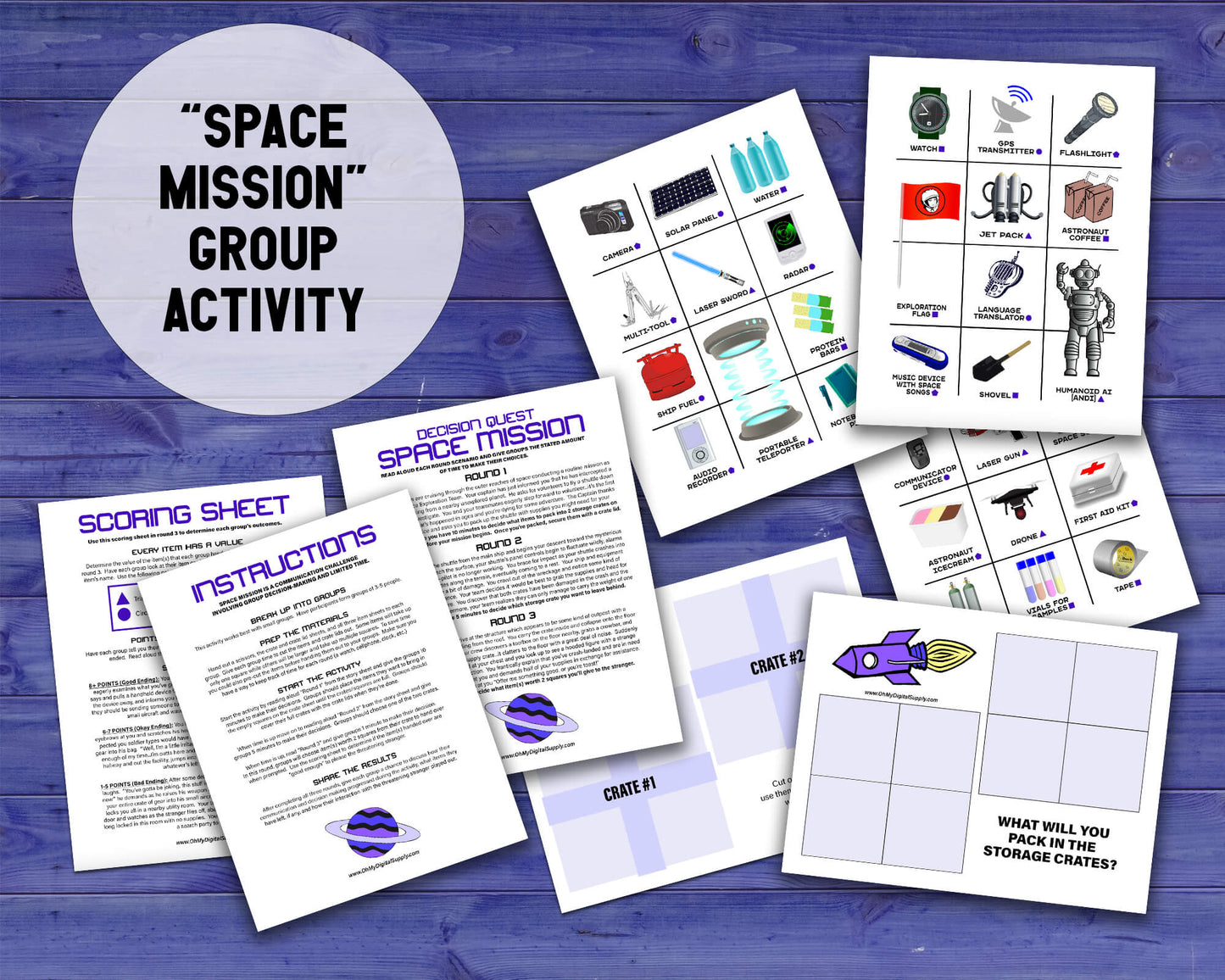 Mega Bundle of eight Decision Quest Activities for group team building. Activities in this bundle include: Zombie Apocalypse, Desert Island, Fallout Shelter, Space Mission, Alien Abduction, Covert Heist, Office Portal, and Grocery Gauntlet. Group decision making icebreaker games.