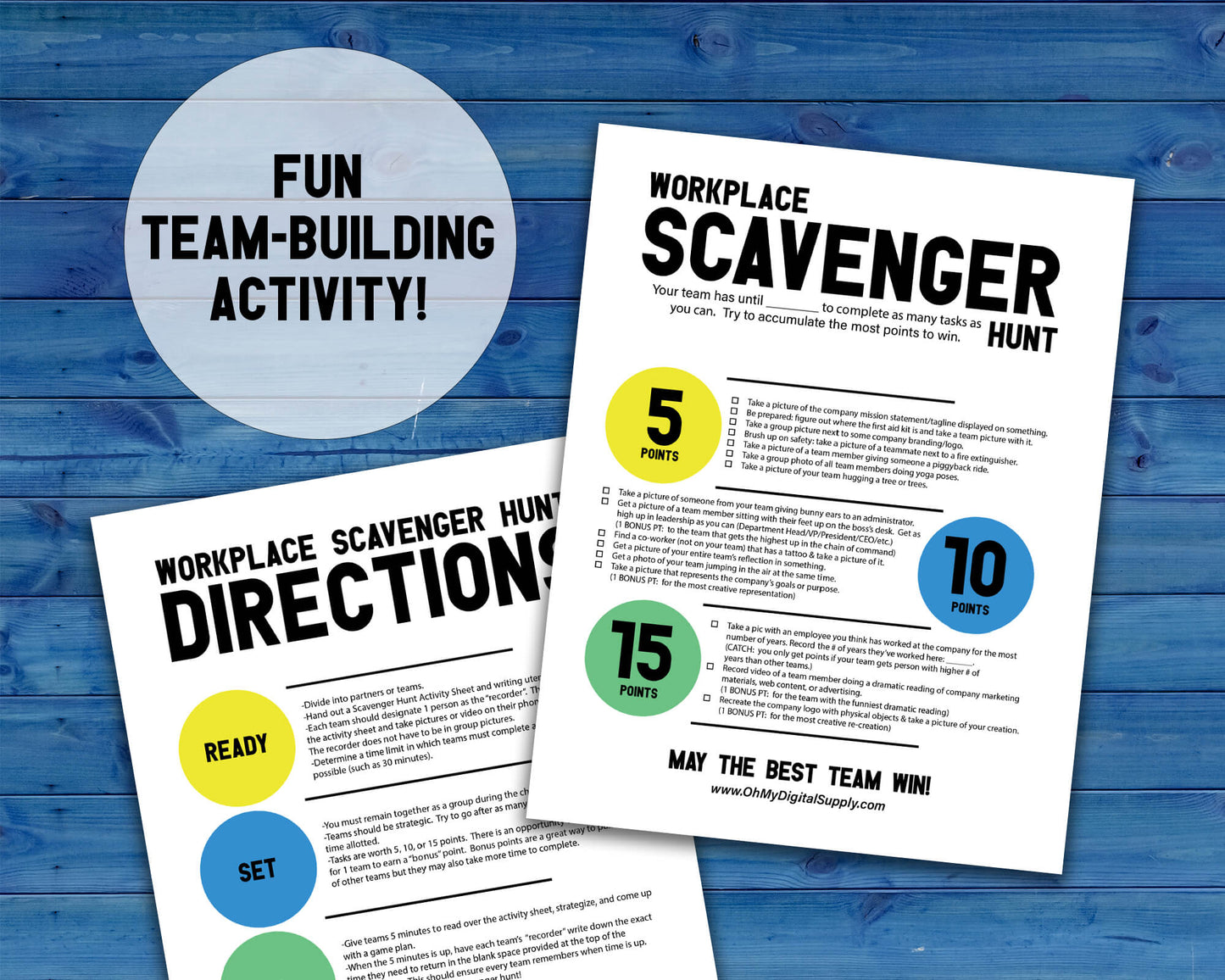 Team Building Bundle. Collage of 7 different team building activities including Wellness Bingo, Find Someone Who Bingo, Workplace Scavenger Hunt, 2 Truths and a Lie, Decision Quest: Fallout Shelter, Paper Telephone, and Bingo for the Workplace.