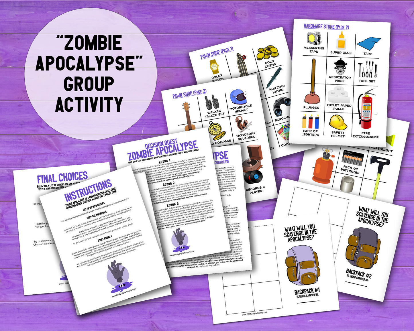 Bundle #1 of four Decision Quest Activities for group team building. Activities in this bundle include: Zombie Apocalypse, Desert Island, Fallout Shelter, and Space Mission. Group decision making icebreaker games.