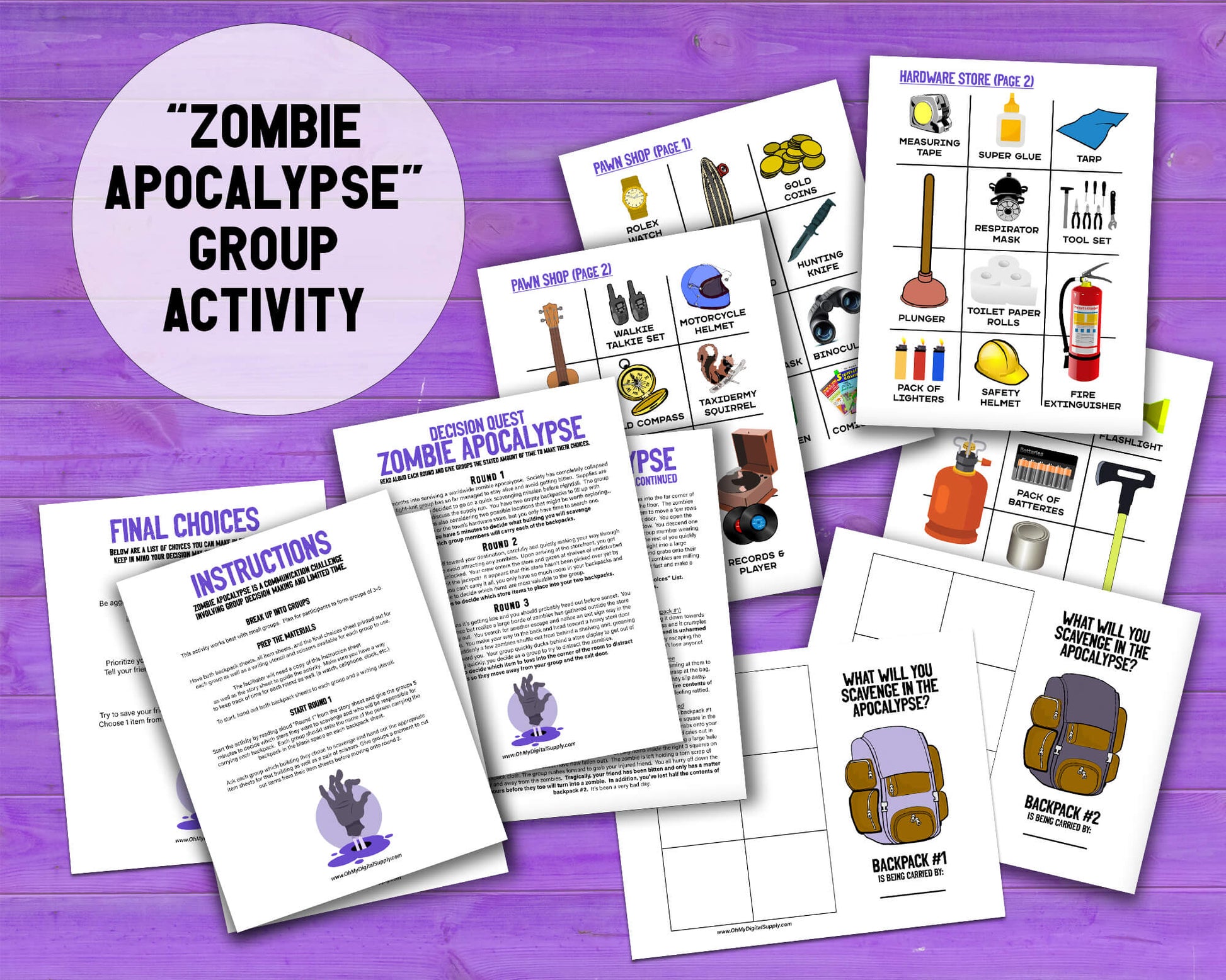 Bundle #1 of four Decision Quest Activities for group team building. Activities in this bundle include: Zombie Apocalypse, Desert Island, Fallout Shelter, and Space Mission. Group decision making icebreaker games.