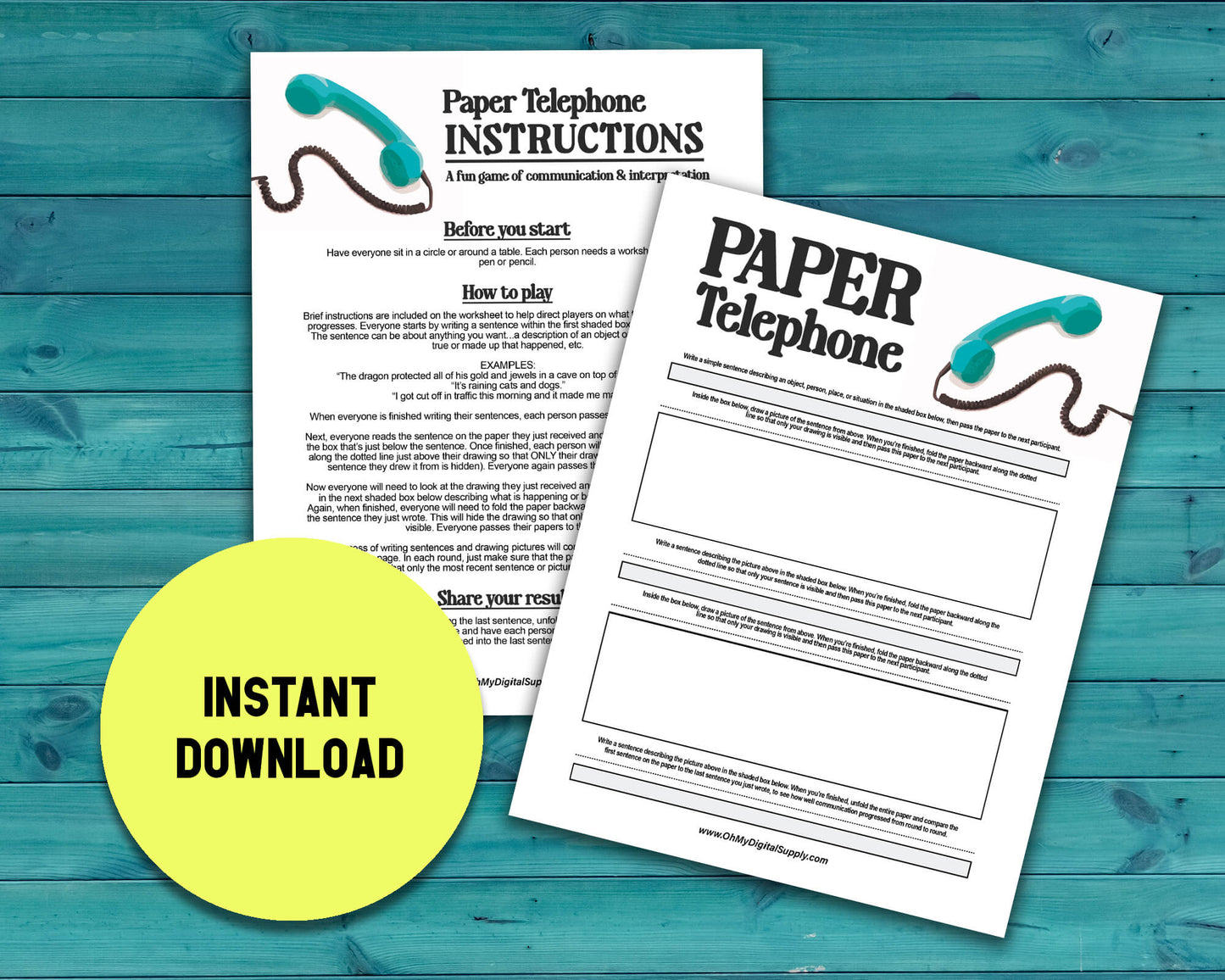 Paper Telephone printable PDF file. Team-building activity and icebreaker game that includes one worksheet and an instructions sheet.