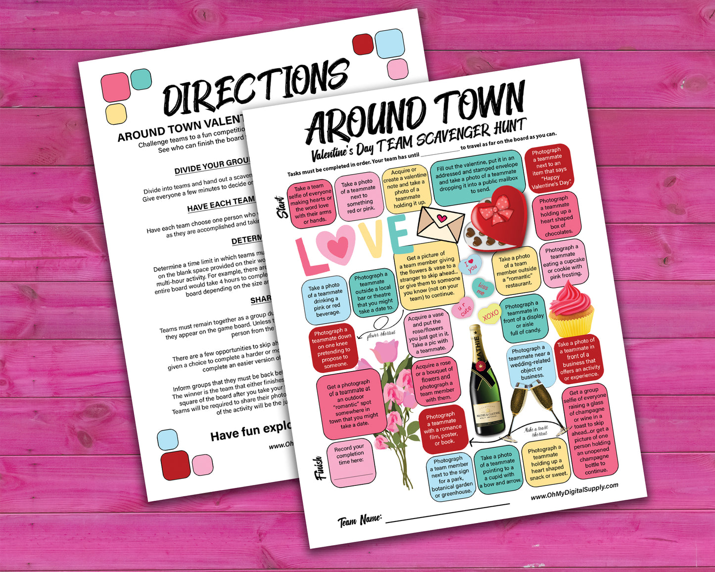 A bundle of printable team scavenger hunt activities called Around Town Team Scavenger Hunt. Bundle includes original version, Halloween, Holiday, and Valentines Day versions.