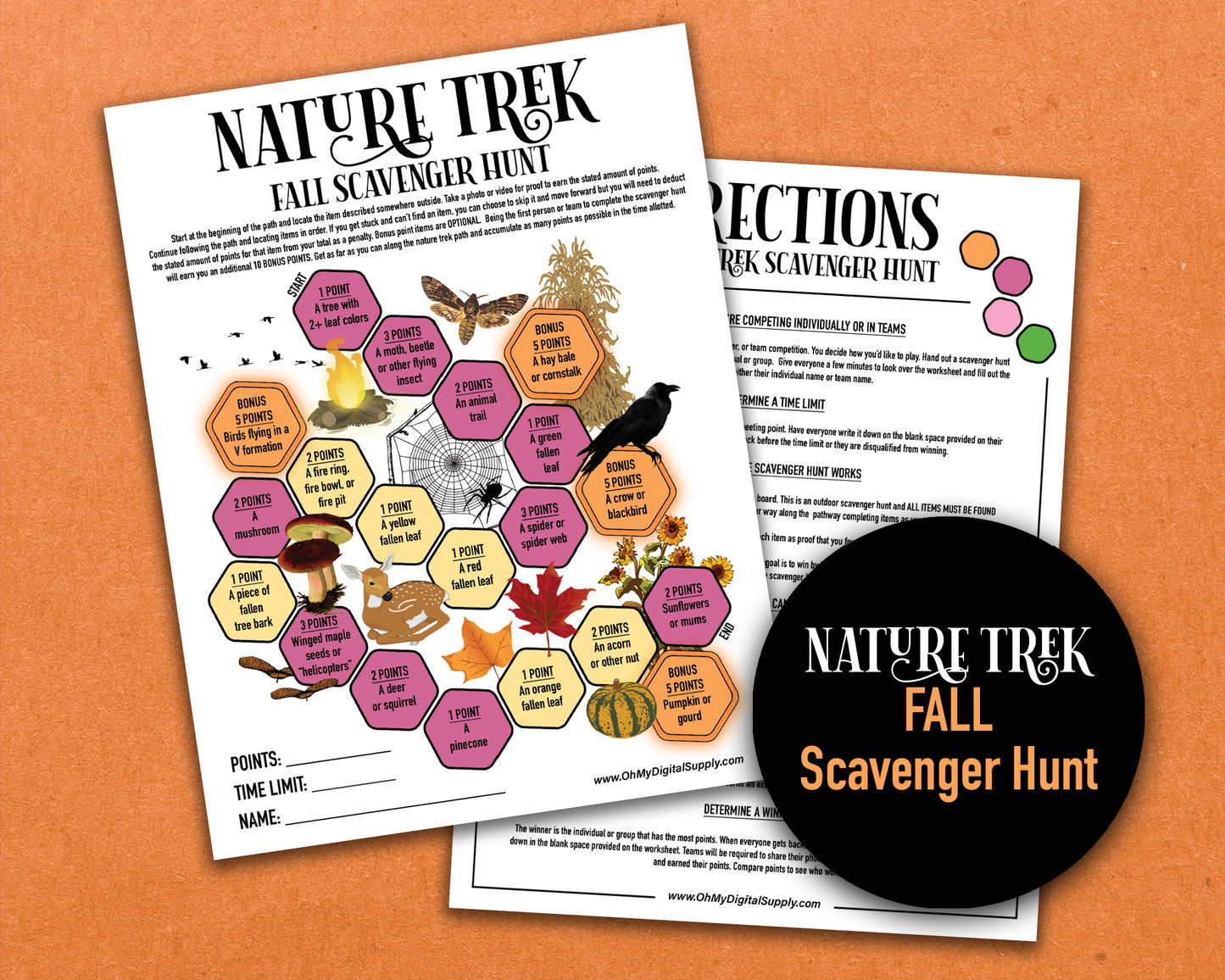 A bundle of four printable nature trek outdoor scavenger hunts for spring, summer, fall, and winter. A competitive team building activity where each spot on the worksheet has an item you need to find to earn points.