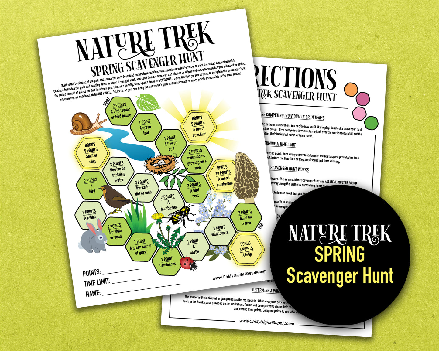 A bundle of four printable nature trek outdoor scavenger hunts for spring, summer, fall, and winter. A competitive team building activity where each spot on the worksheet has an item you need to find to earn points.