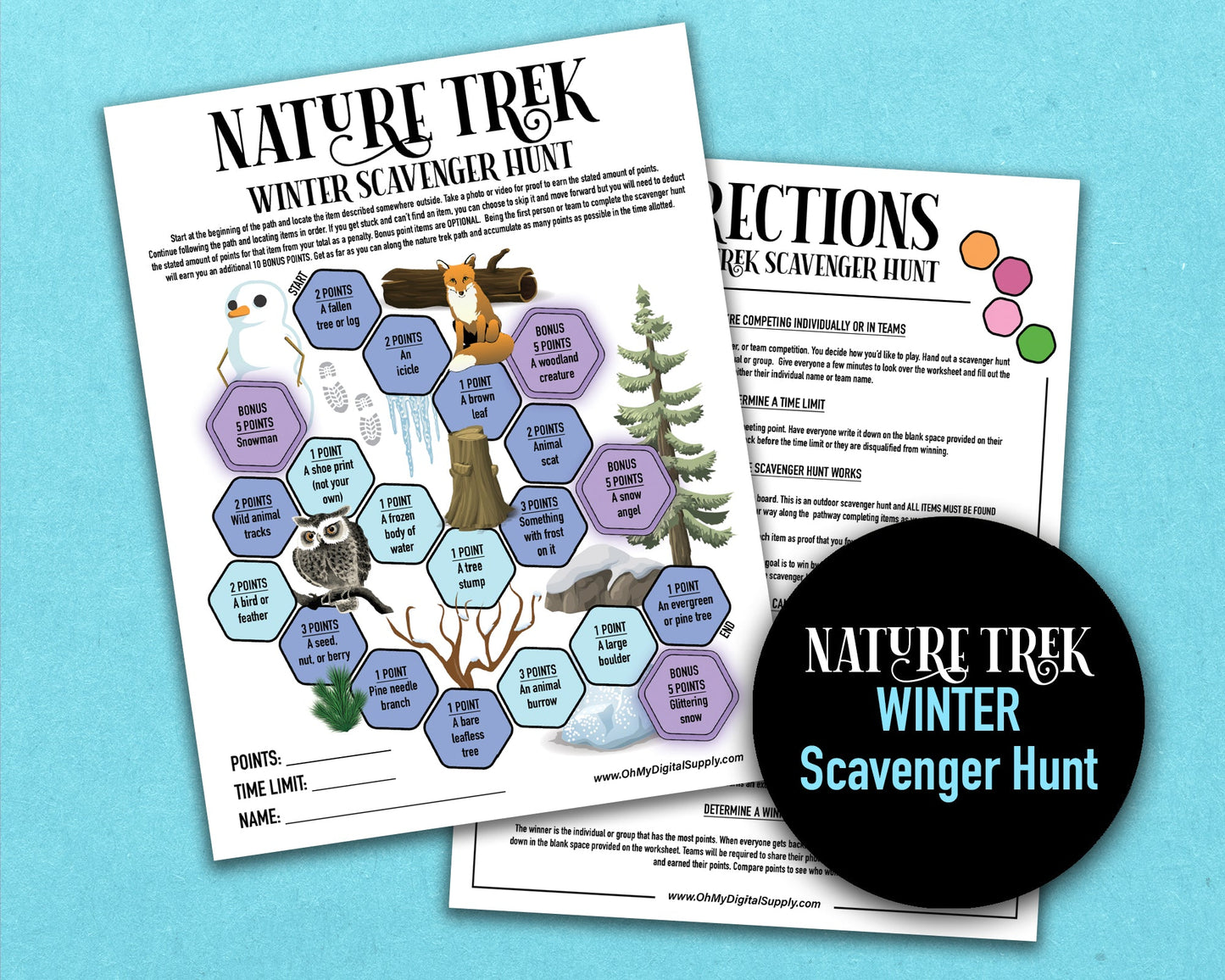 A bundle of four printable nature trek outdoor scavenger hunts for spring, summer, fall, and winter. A competitive team building activity where each spot on the worksheet has an item you need to find to earn points.