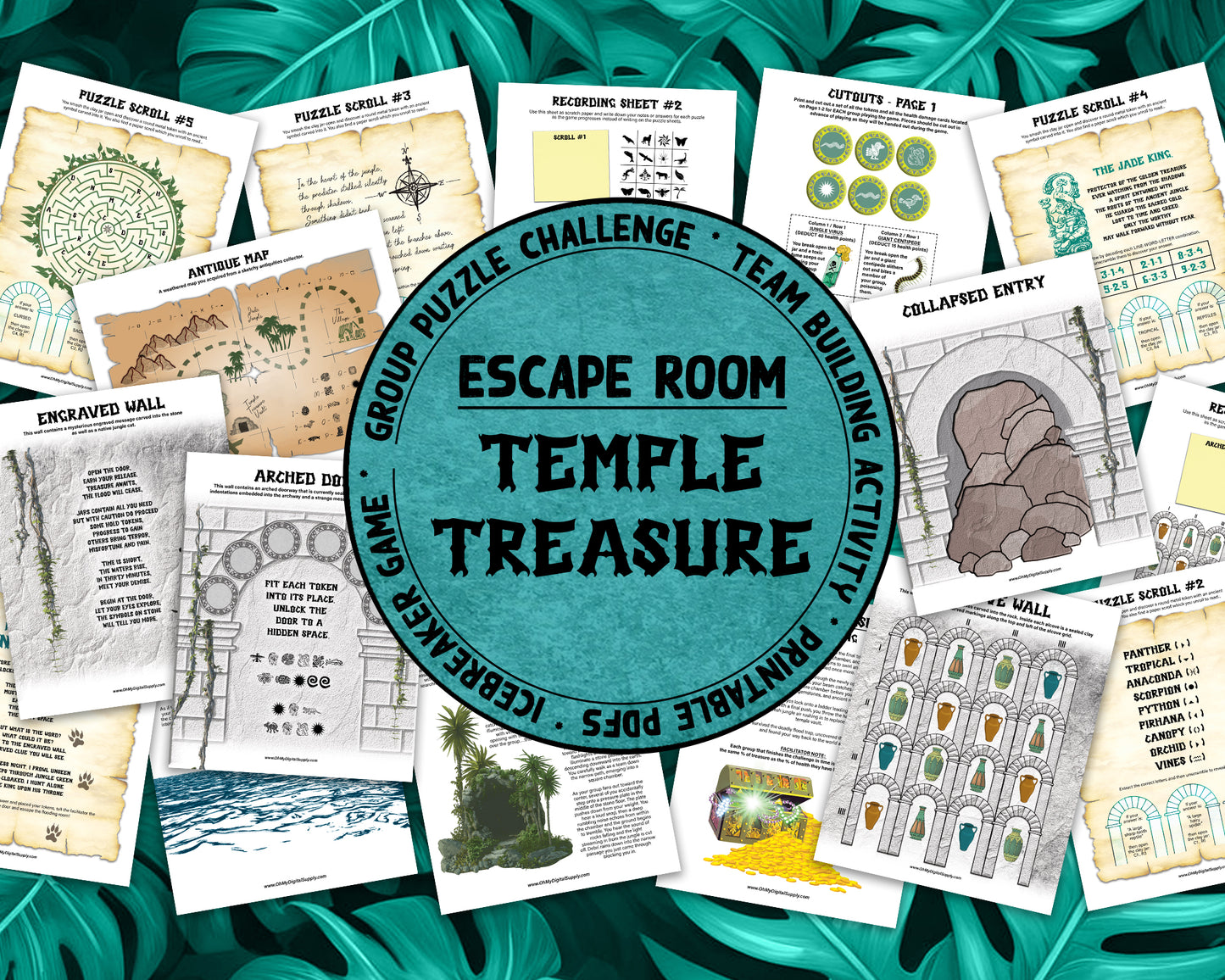 Temple Treasure Escape Room printable game. Play as a team building activity, icebreaker challenge, or group puzzle challenge. A jungle themed group party game.
