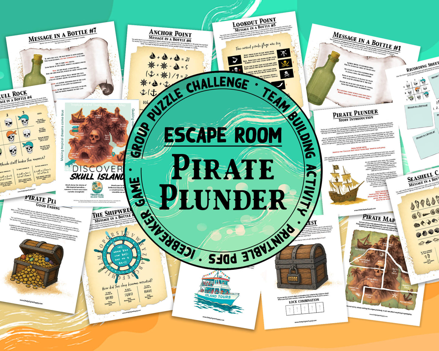 A printable group escape room game called Pirate Plunder. This tropical island themed team building activity involves 7 puzzles with a final lock combination that must be solved in order to unlock the pirate treasure.