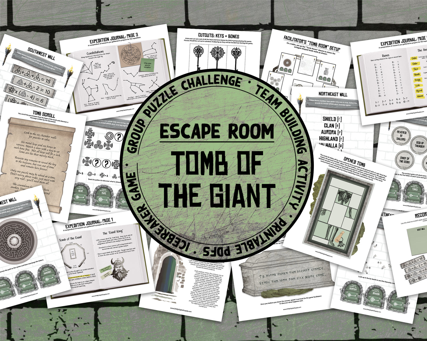 A printable group escape room game called Tomb of the Giant. This Nordic tomb themed team building activity involves 7 puzzles and a final word that must be solved in order to uncover the hidden ancient treasure in the giant king's tomb.