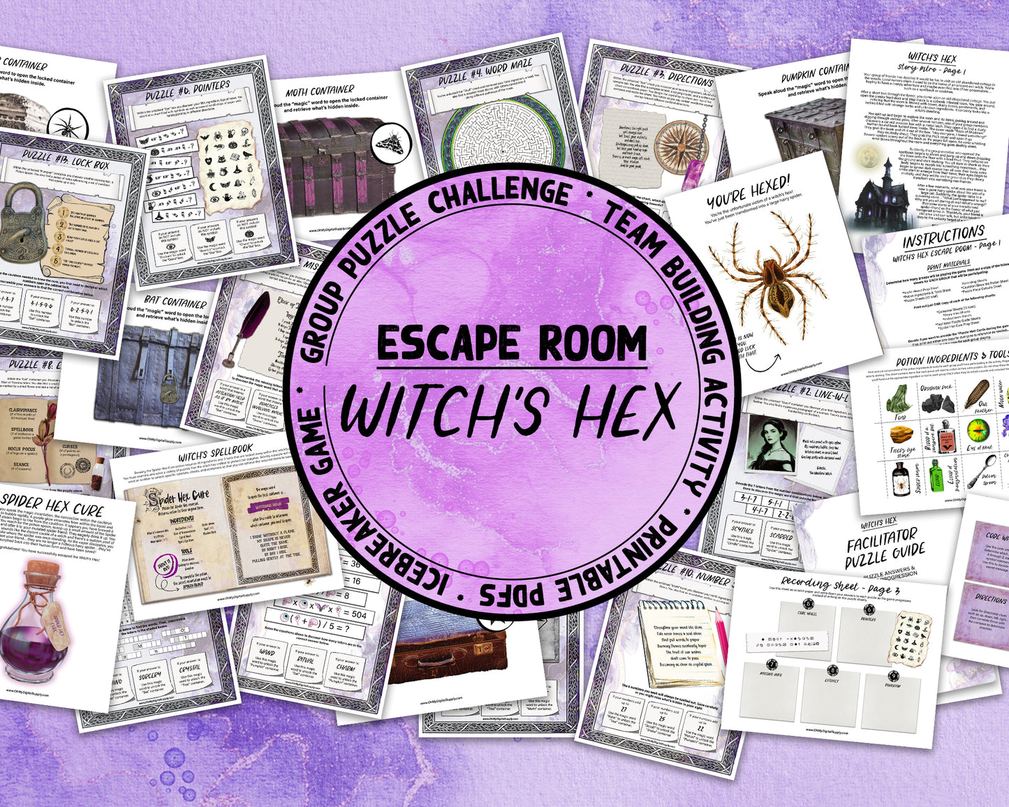 A printable group escape room game called Witch's Hex. This supernatural themed team building activity involves 13 puzzles and a final incantation that must be solved in order to save your friend from a witch's hex.