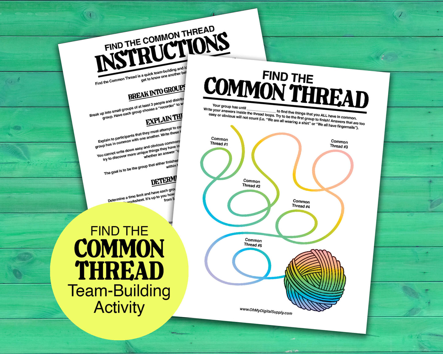 Find the Common Thread group team-building game and icebreaker activity in the form of a PDF worksheet and PDF instructions sheet.