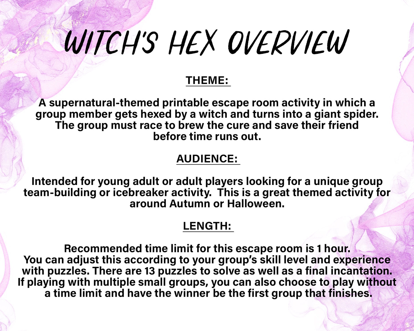 A printable group escape room game called Witch's Hex. This supernatural themed team building activity involves 13 puzzles and a final incantation that must be solved in order to save your friend from a witch's hex.