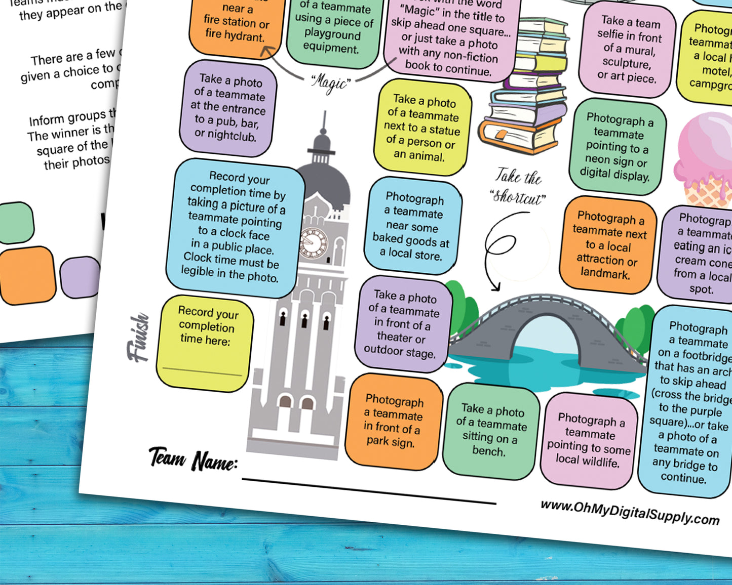 A bundle of printable team scavenger hunt activities called Around Town Team Scavenger Hunt. Bundle includes original version, Halloween, Holiday, and Valentines Day versions.