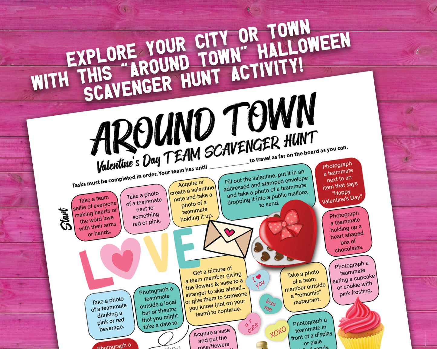 A printable team scavenger hunt activity called Around Town Valentines Day Team Scavenger Hunt. The worksheet looks like a game board where each square has a task you need to complete in order to advance. All tasks are Valentine themed.