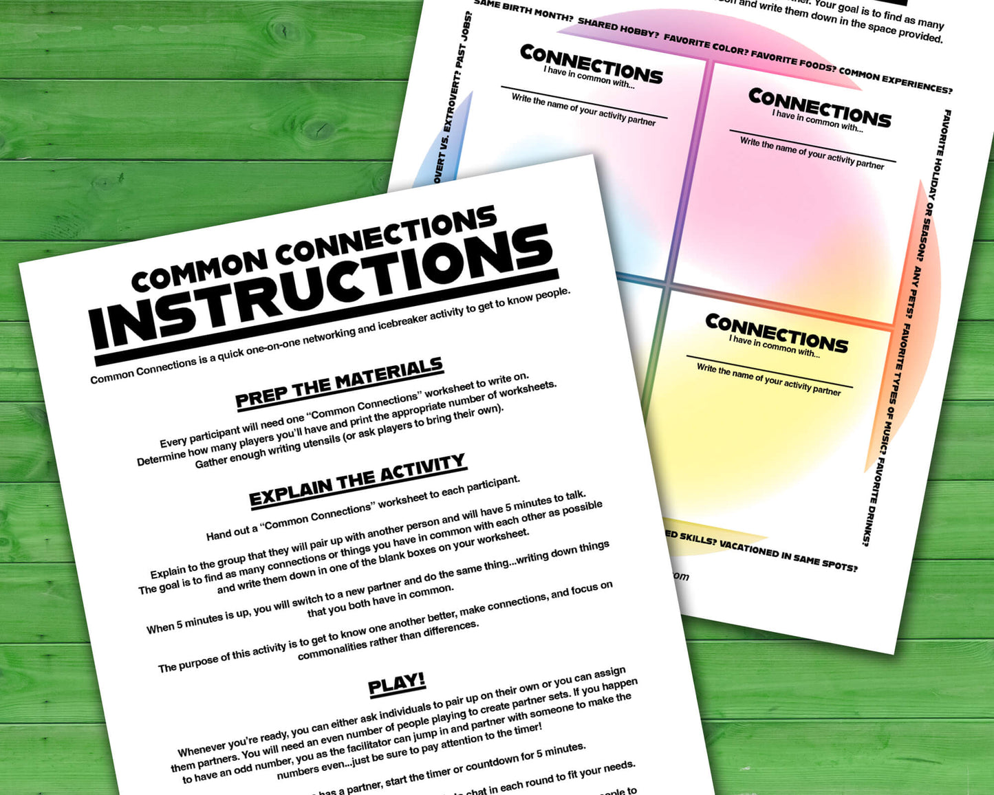 Common Connections one-on-one icebreaker activity and team-building game printable worksheet and instructions.