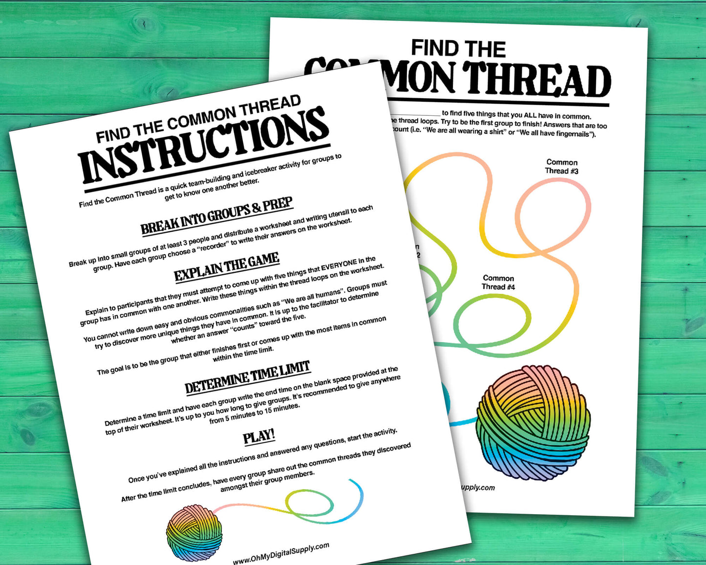Find the Common Thread group team-building game and icebreaker activity in the form of a PDF worksheet and PDF instructions sheet.