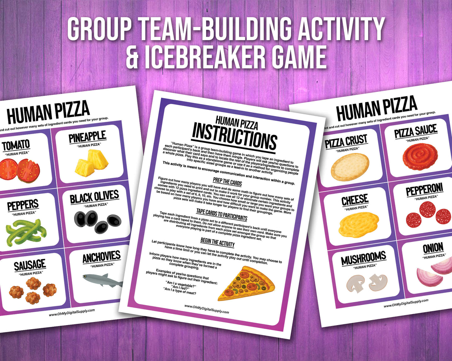 A printable team-building activity and group icebreaker game called Human Pizza that includes an instructions sheet and pizza ingredient cards that can be cut out. The printable sheets are downloadable PDF files.