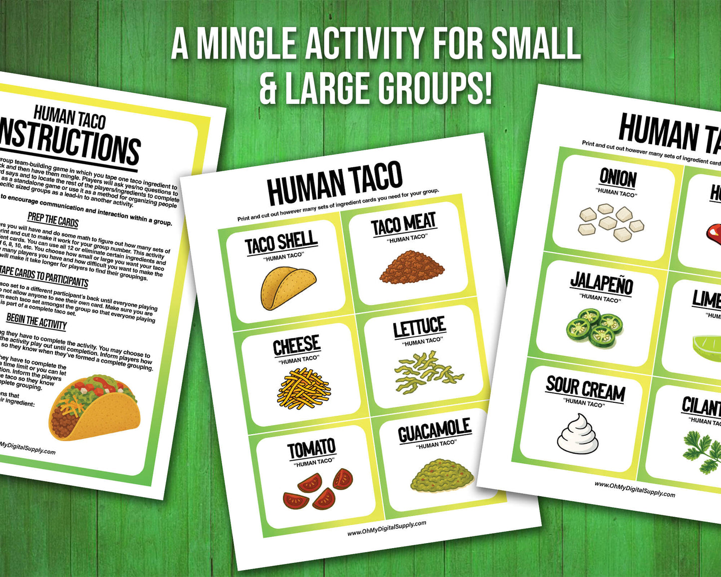 A printable team-building activity and group icebreaker game called Human Taco that includes an instructions sheet and taco ingredient cards that can be cut out. The printable sheets are downloadable PDF files.