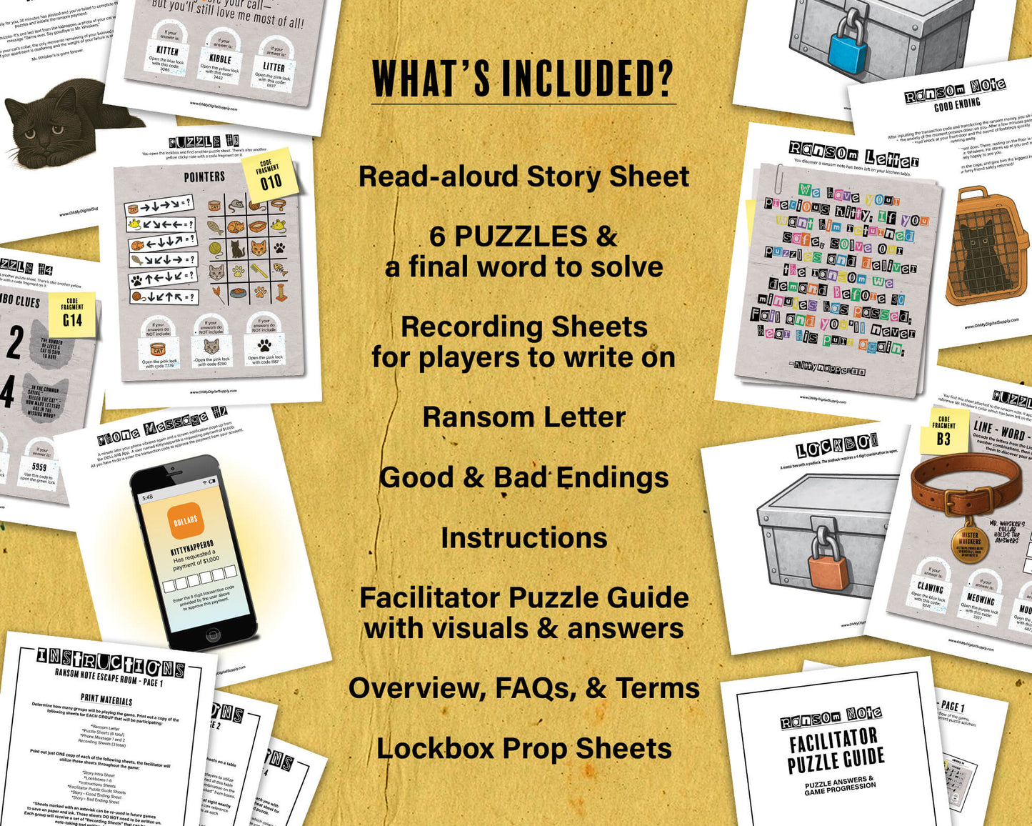 Ransom Note Printable Escape Room Game, team-building activity, group puzzle challenge, and icebreaker game in the form of printable PDFs.
