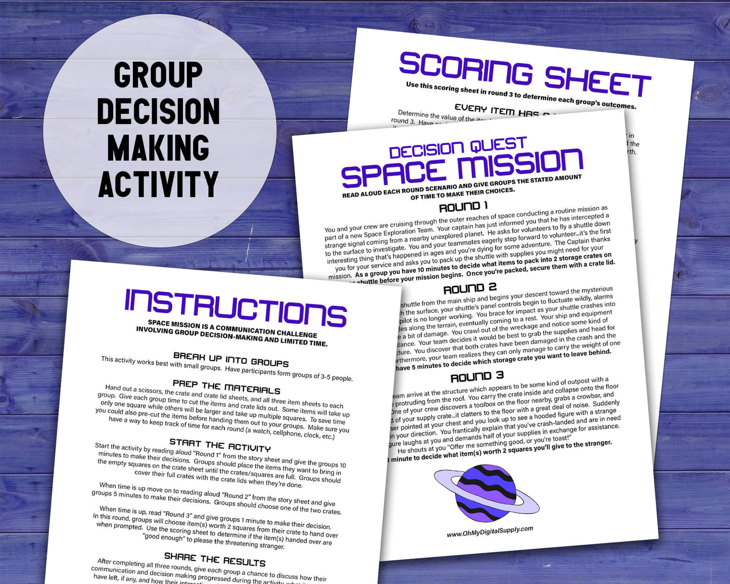 Mega Bundle of eight Decision Quest Activities for group team building. Activities in this bundle include: Zombie Apocalypse, Desert Island, Fallout Shelter, Space Mission, Alien Abduction, Covert Heist, Office Portal, and Grocery Gauntlet. Group decision making icebreaker games.