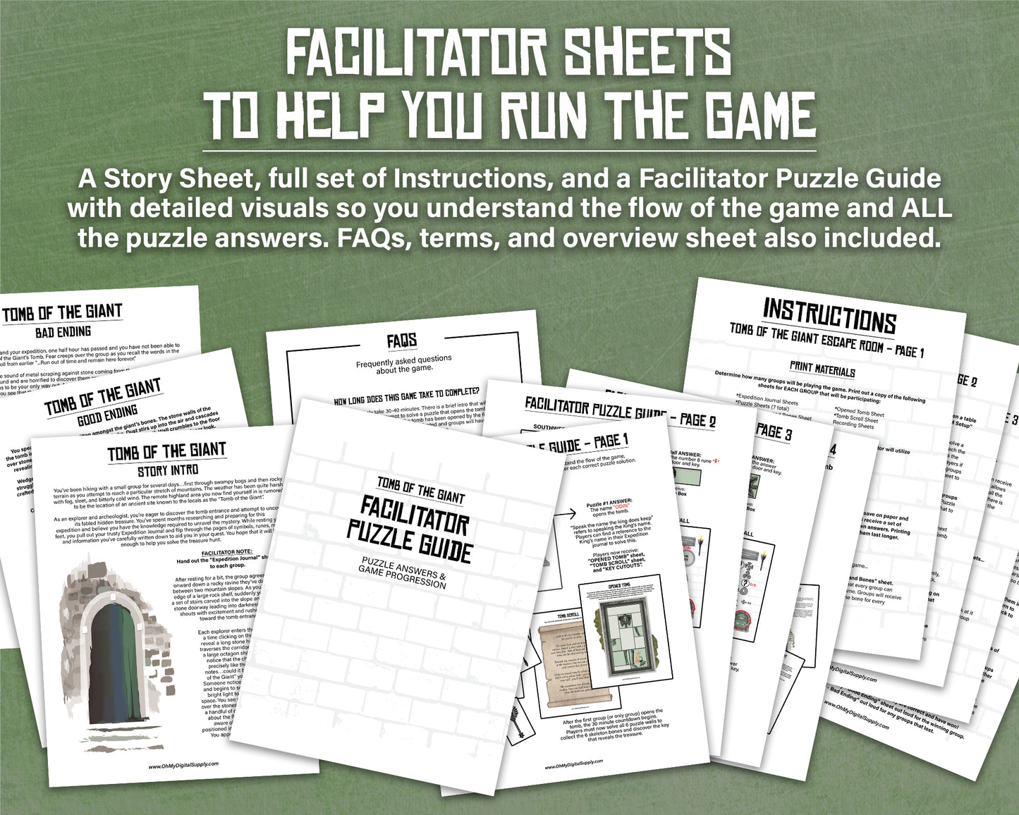 A printable group escape room game called Tomb of the Giant. This Nordic tomb themed team building activity involves 7 puzzles and a final word that must be solved in order to uncover the hidden ancient treasure in the giant king's tomb.