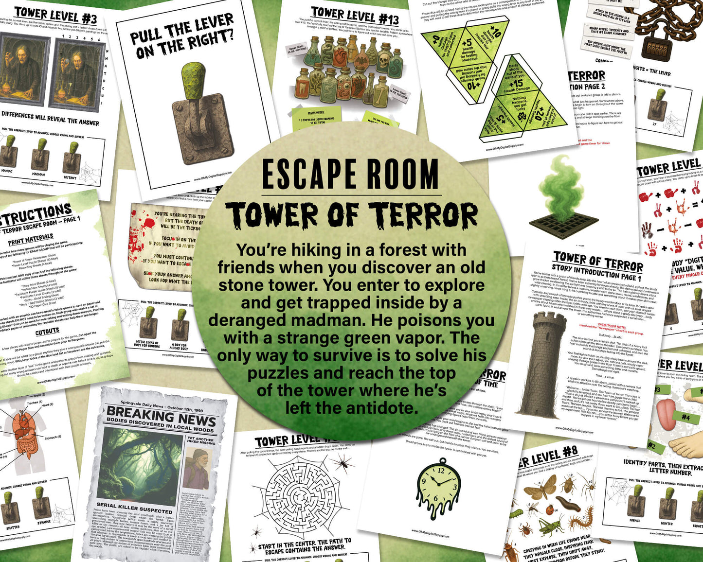A printable Halloween horror Escape Room game called Tower of Terror for group team-building or playing as an icebreaker game. Various printable PDF sheets with puzzles, props, read-aloud story sheets, and facilitator instructions and guide.
