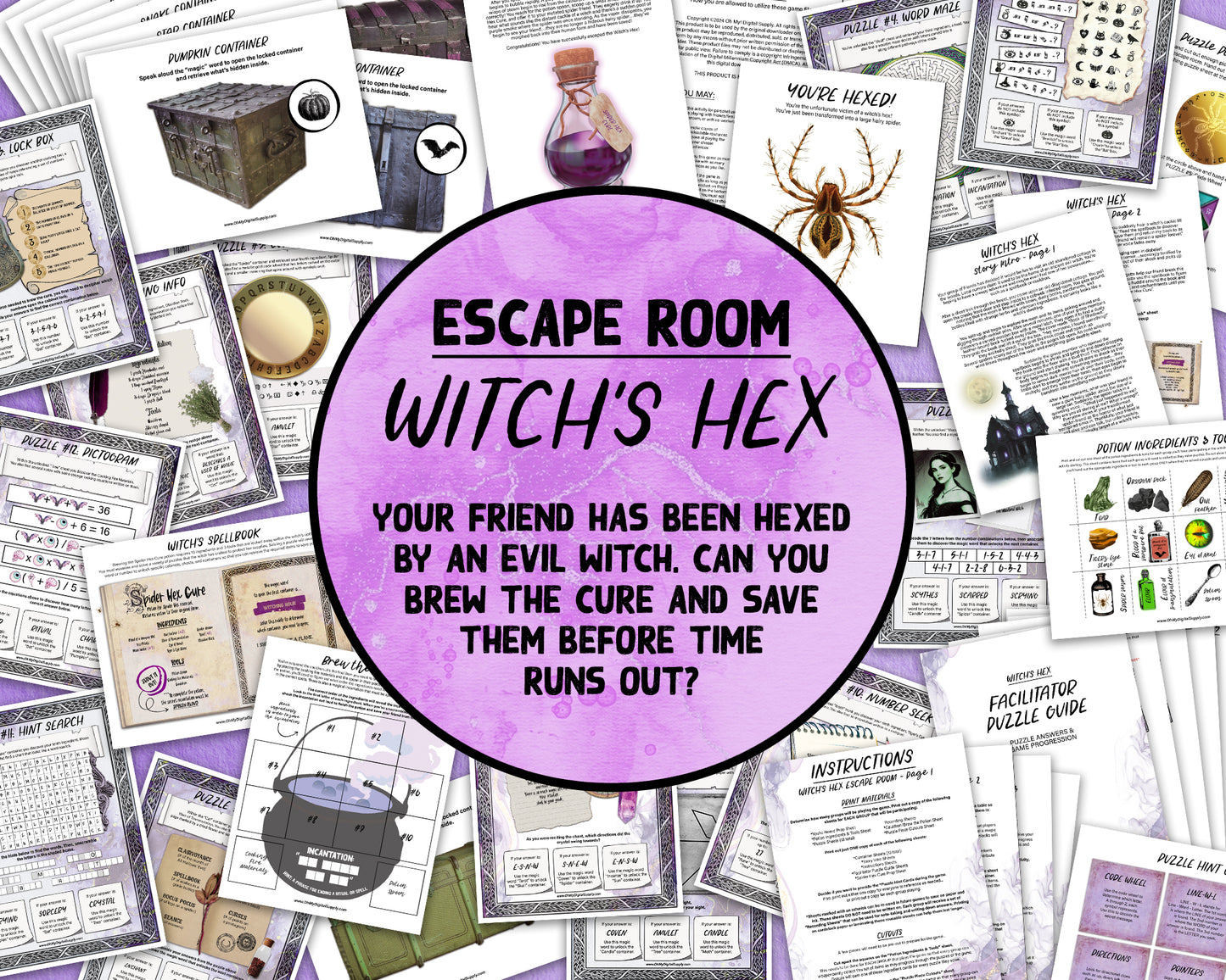 A printable group escape room game called Witch's Hex. This supernatural themed team building activity involves 13 puzzles and a final incantation that must be solved in order to save your friend from a witch's hex.