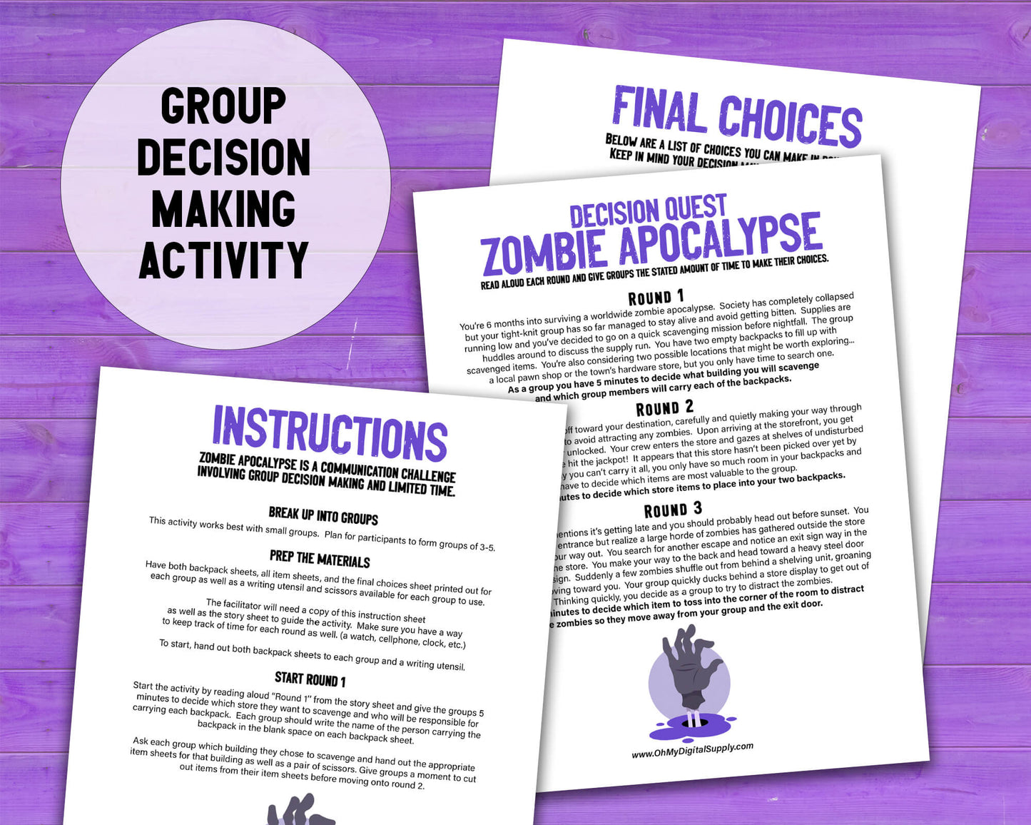 Mega Bundle of eight Decision Quest Activities for group team building. Activities in this bundle include: Zombie Apocalypse, Desert Island, Fallout Shelter, Space Mission, Alien Abduction, Covert Heist, Office Portal, and Grocery Gauntlet. Group decision making icebreaker games.