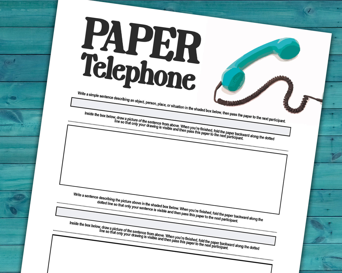 Paper Telephone printable PDF file. Team-building activity and icebreaker game that includes one worksheet and an instructions sheet.