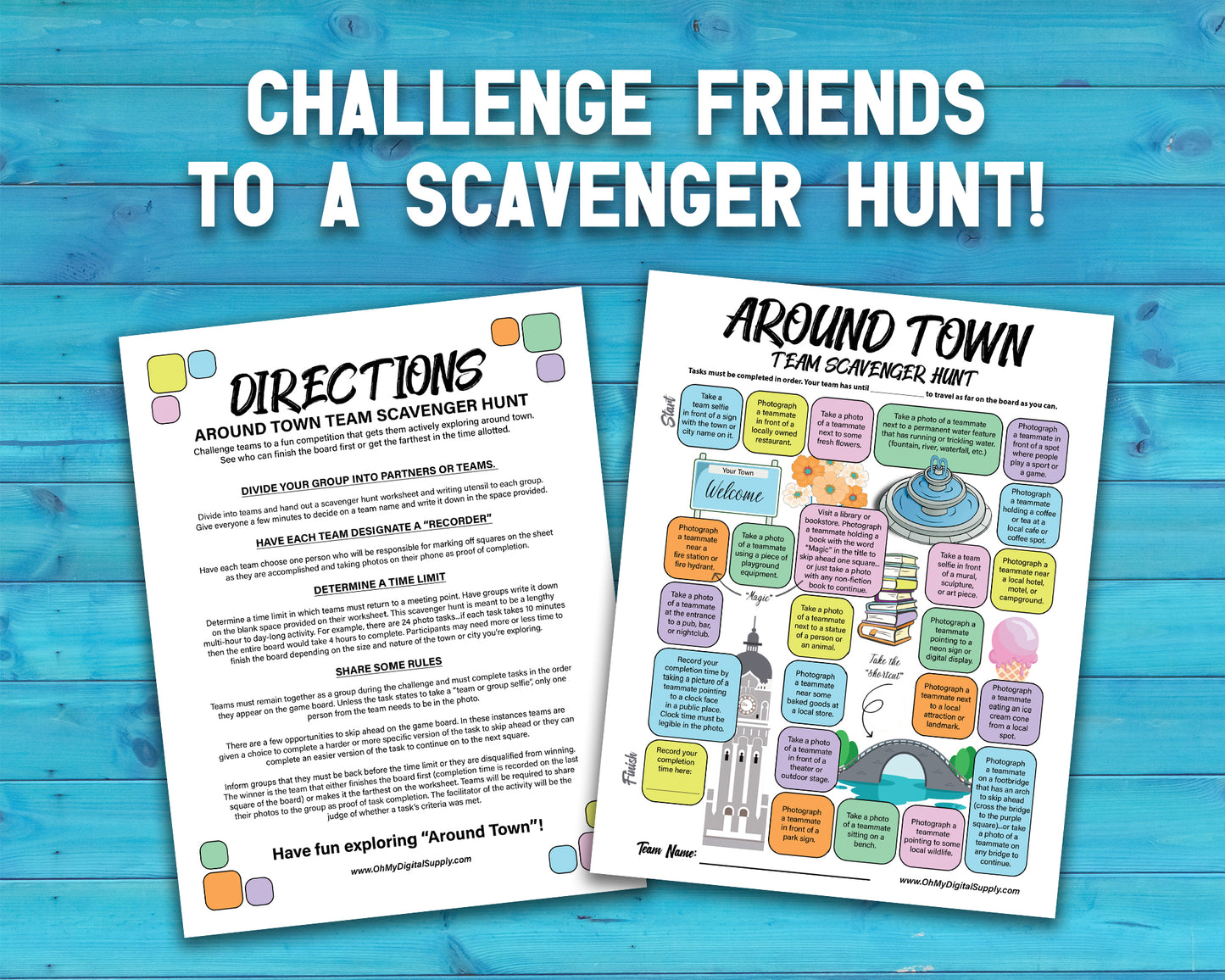 A bundle of printable team scavenger hunt activities called Around Town Team Scavenger Hunt. Bundle includes original version, Halloween, Holiday, and Valentines Day versions.