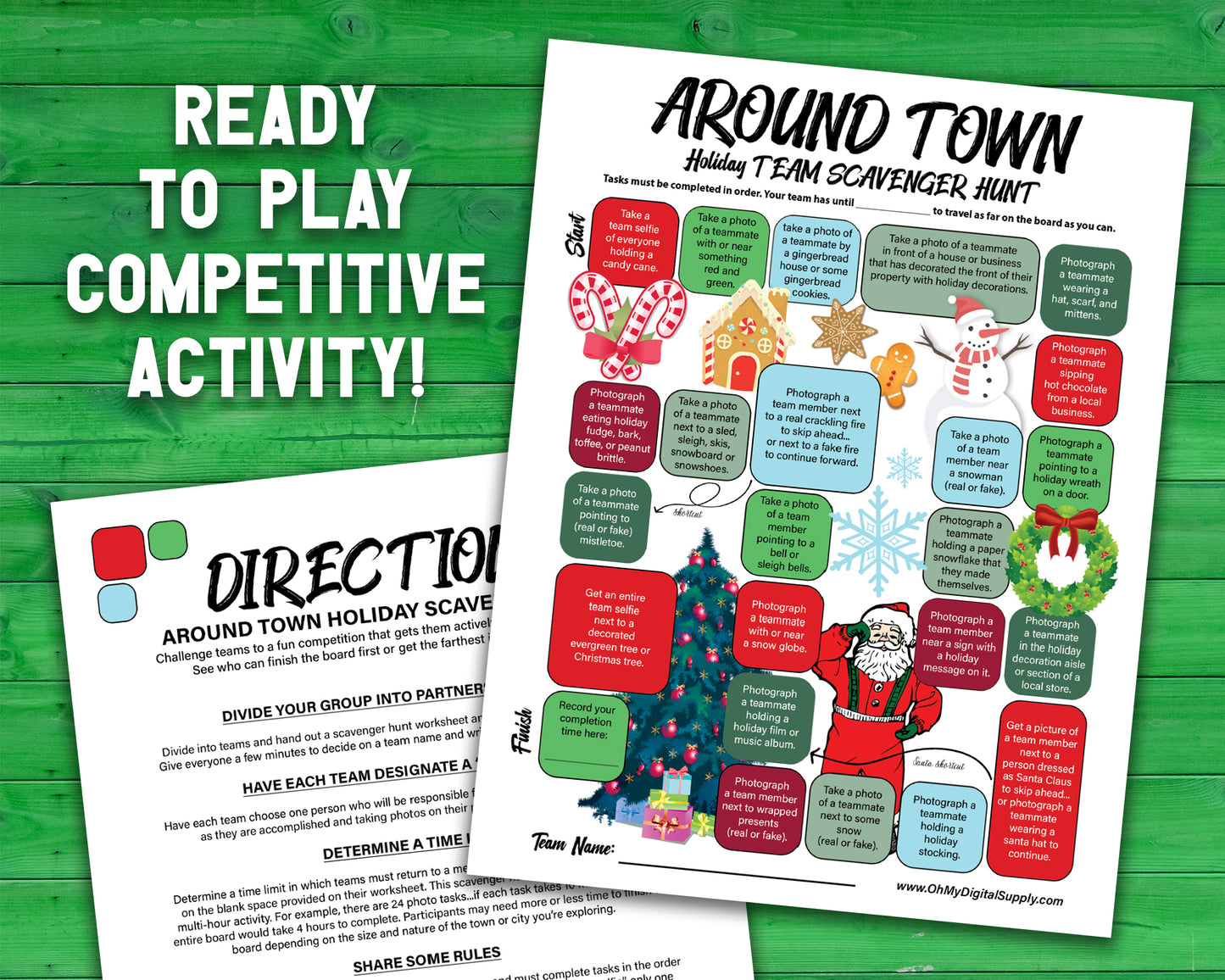 A printable team scavenger hunt activity called Around Town Holiday Team Scavenger Hunt. The worksheet looks like a game board where each square has a task you need to complete in order to advance. All tasks are Holiday themed.