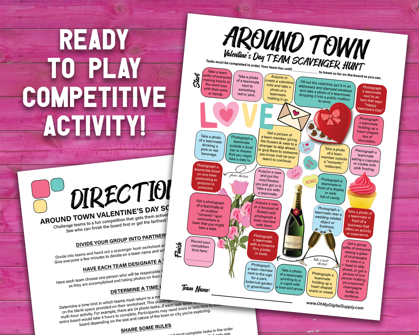 A bundle of printable team scavenger hunt activities called Around Town Team Scavenger Hunt. Bundle includes original version, Halloween, Holiday, and Valentines Day versions.