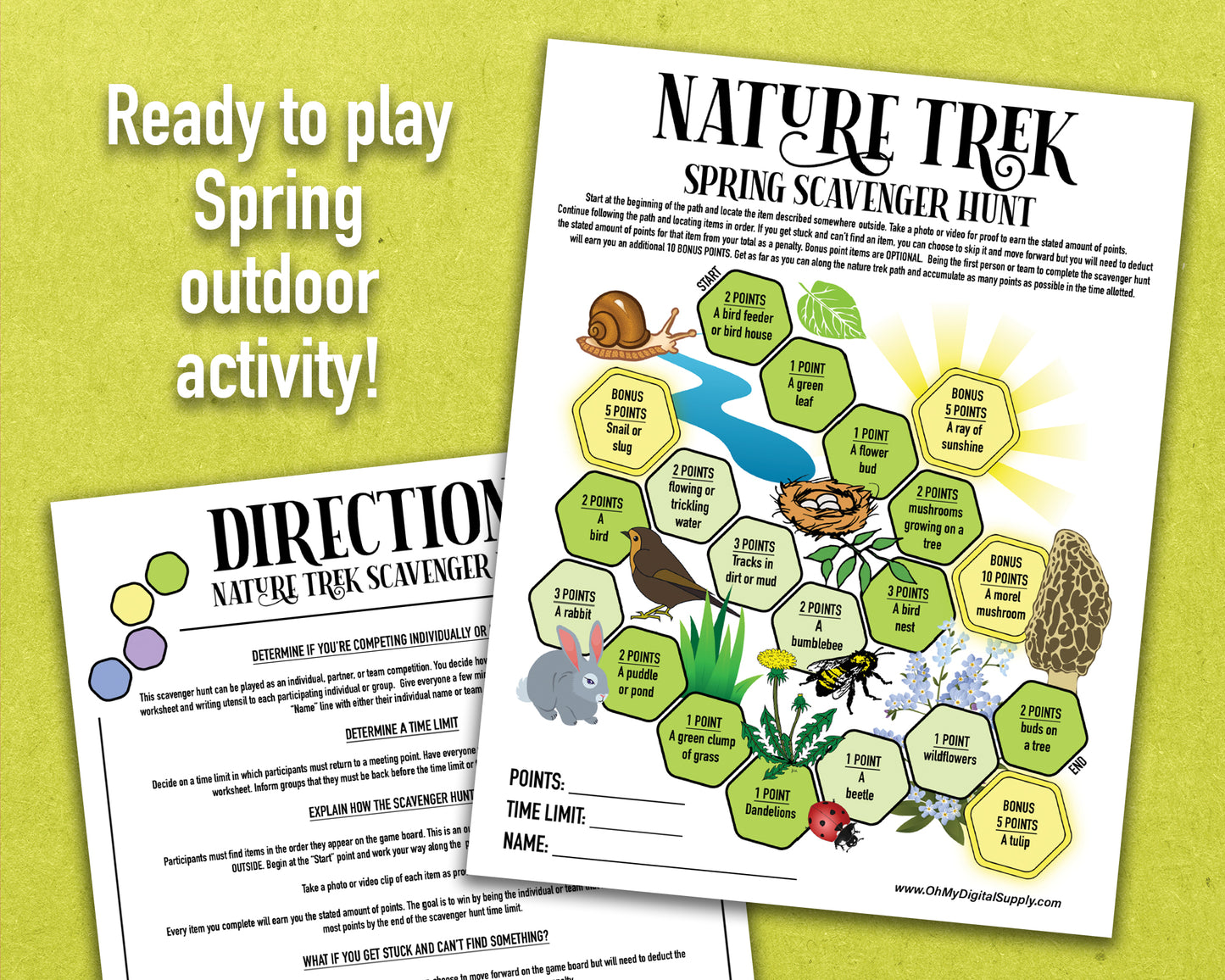 A printable nature trek outdoor spring scavenger hunt competitive team building activity. The worksheet looks like a game board where each spot on the board has an item you need to find to earn points and advance along the path.