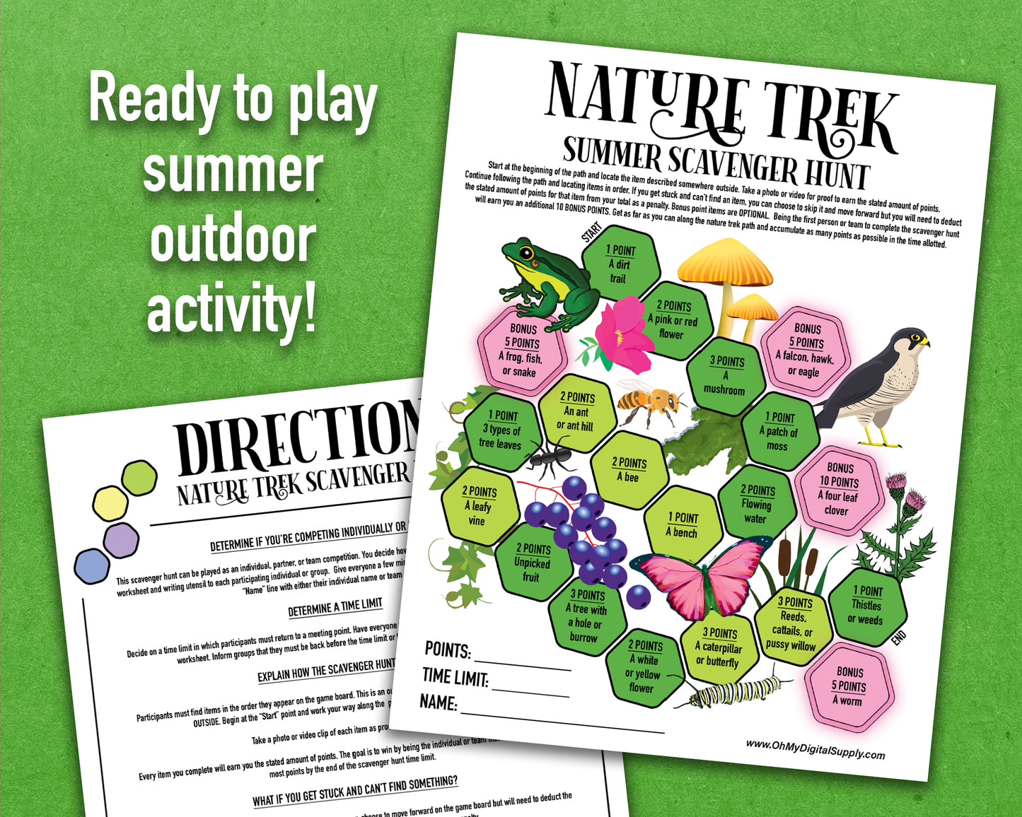 A bundle of four printable nature trek outdoor scavenger hunts for spring, summer, fall, and winter. A competitive team building activity where each spot on the worksheet has an item you need to find to earn points.