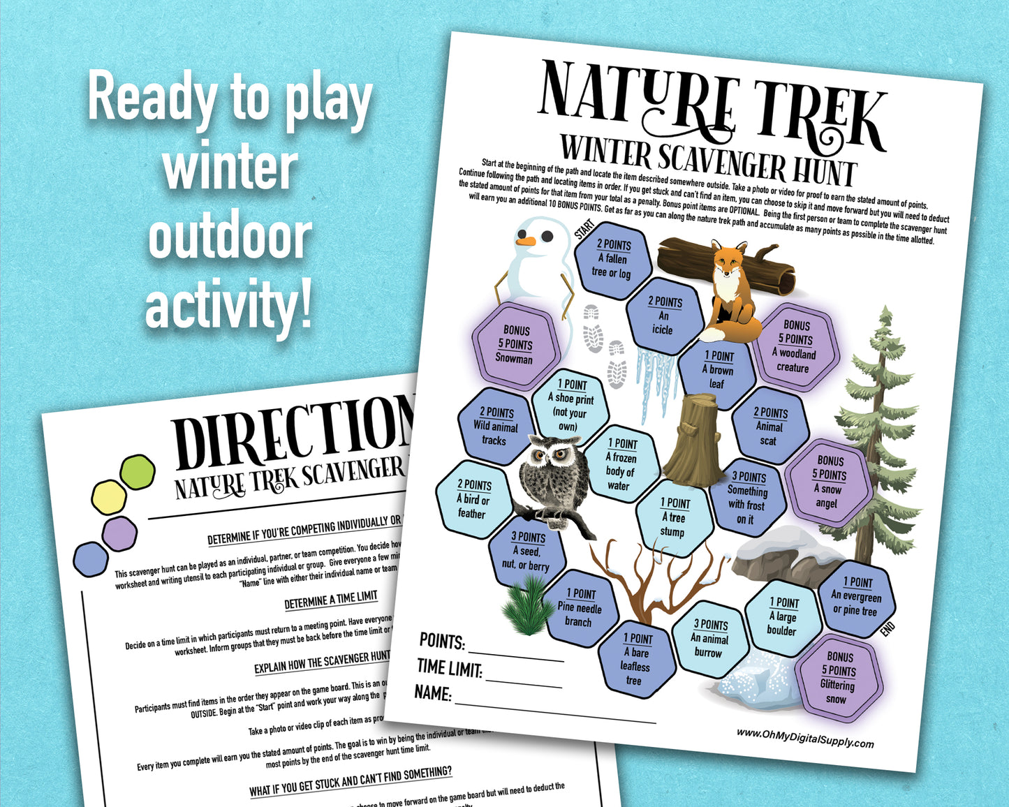 A printable nature trek outdoor winter scavenger hunt competitive team building activity. The worksheet looks like a game board where each spot on the board has an item you need to find to earn points and advance along the path.