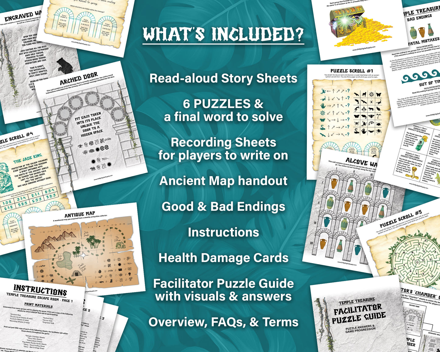 Temple Treasure Escape Room printable game. Play as a team building activity, icebreaker challenge, or group puzzle challenge. A jungle themed group party game.