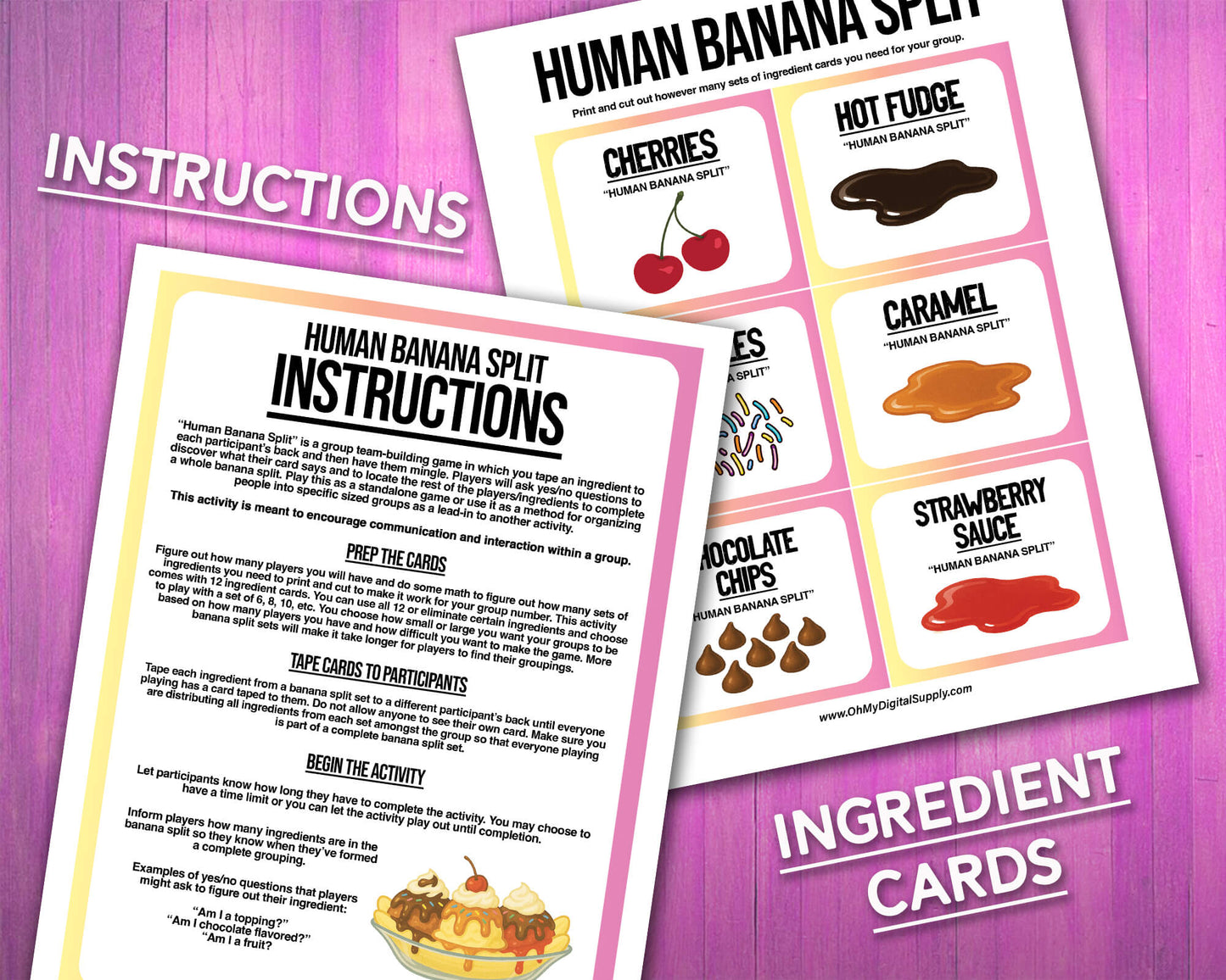 A printable team-building activity and group icebreaker game called Human Banana Split that includes an instructions sheet and banana split ingredient cards that can be cut out. The printable sheets are downloadable PDF files.