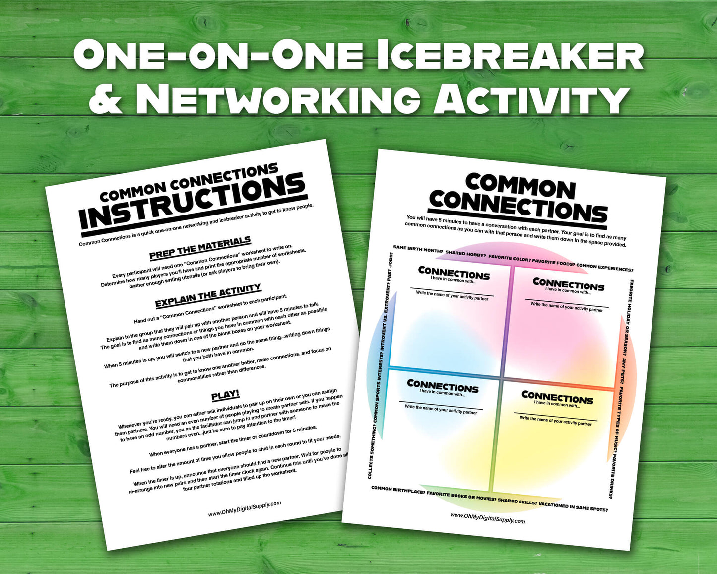 Common Connections one-on-one icebreaker activity and team-building game printable worksheet and instructions.